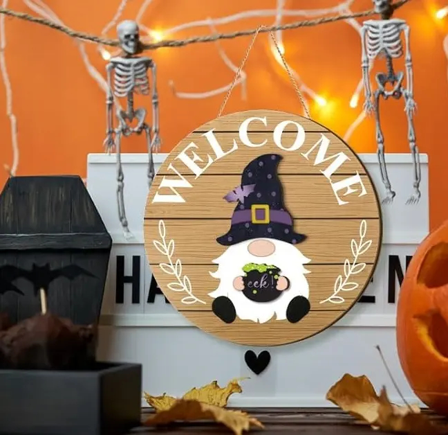 Gejoy Interchangeable Gnome Decor Halloween Welcome Sign Wooden Sign With Detachable Gnome Hats Magnet Wall Hanging For Home Graden Porch Halloween Christmas Thanksgiving Autumn Party, Season Gnomes Decor, Housewarming Gift, Door Wreath