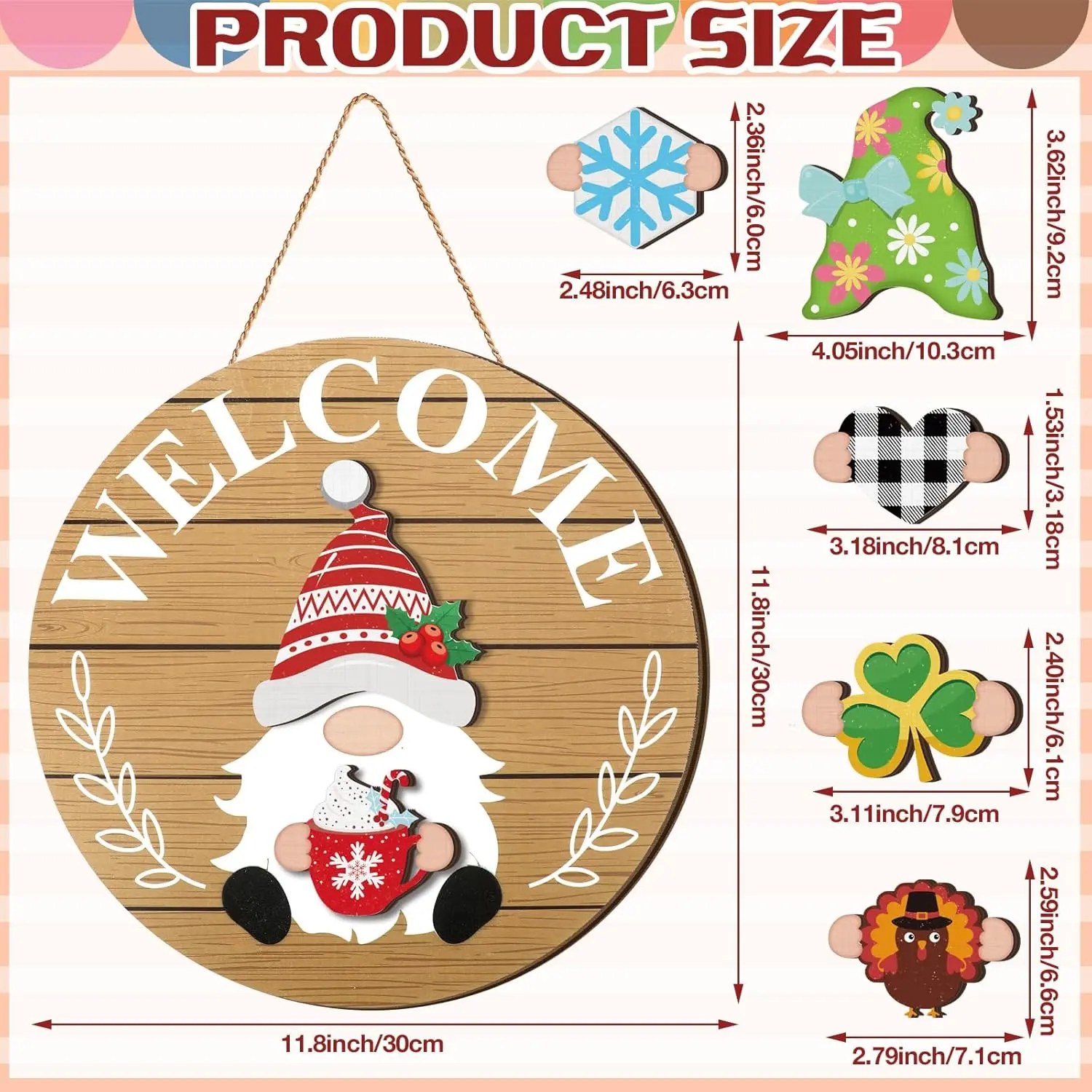 Gejoy Interchangeable Gnome Decor Halloween Welcome Sign Wooden Sign With Detachable Gnome Hats Magnet Wall Hanging For Home Graden Porch Halloween Christmas Thanksgiving Autumn Party, Season Gnomes Decor, Housewarming Gift, Door Wreath