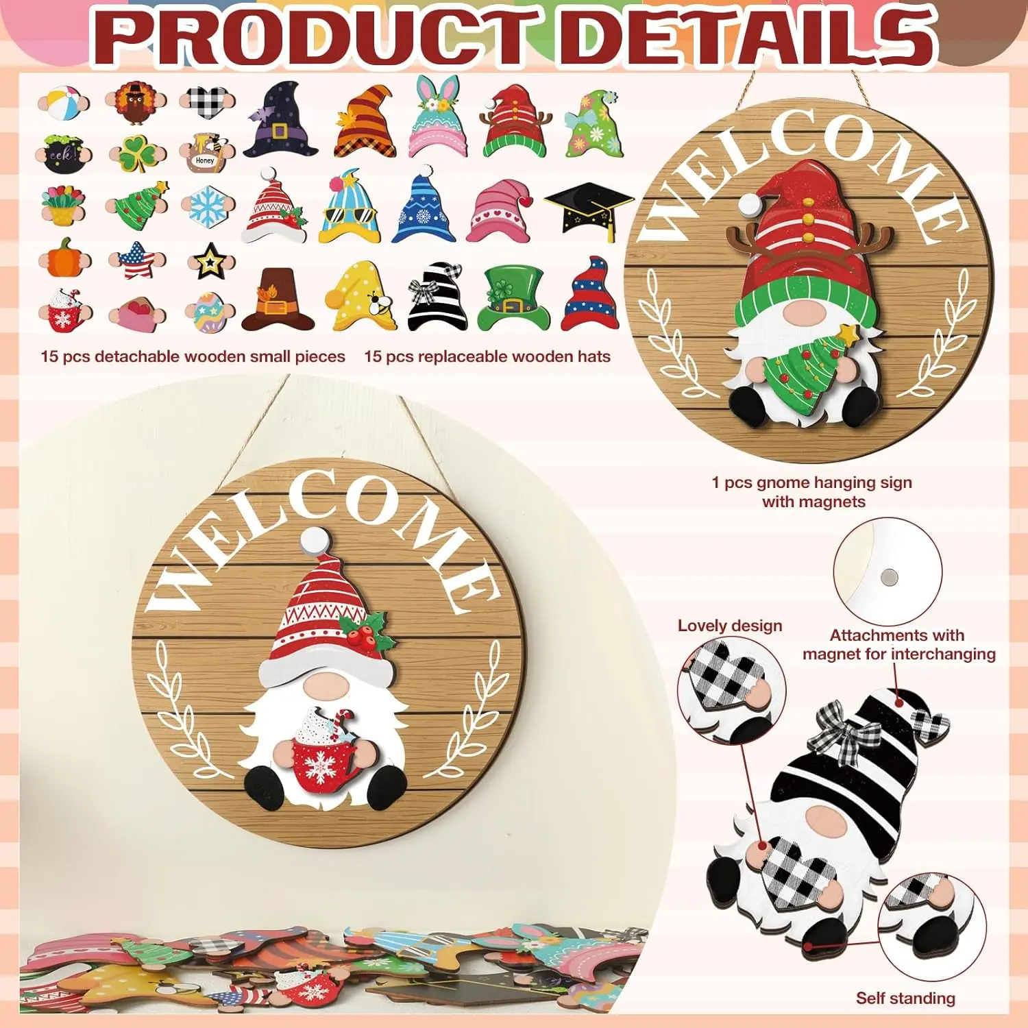 Gejoy Interchangeable Gnome Decor Halloween Welcome Sign Wooden Sign With Detachable Gnome Hats Magnet Wall Hanging For Home Graden Porch Halloween Christmas Thanksgiving Autumn Party, Season Gnomes Decor, Housewarming Gift, Door Wreath