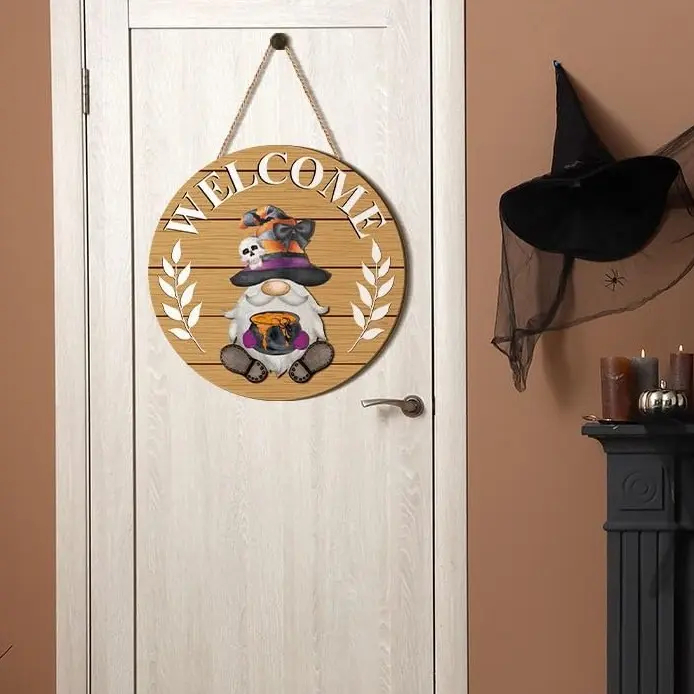Gejoy Interchangeable Gnome Decor Halloween Welcome Sign Wooden Sign With Detachable Gnome Hats Magnet Wall Hanging For Home Graden Porch Halloween Christmas Thanksgiving Autumn Party, Season Gnomes Decor, Housewarming Gift, Door Wreath