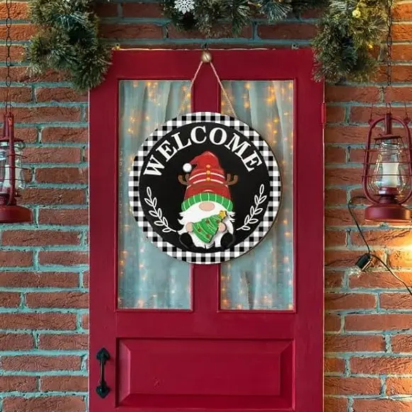 Gejoy Interchangeable Gnome Decor Halloween Welcome Sign Wooden Sign With Detachable Gnome Hats Magnet Wall Hanging For Home Graden Porch Halloween Christmas Thanksgiving Autumn Party, Season Gnomes Decor, Housewarming Gift, Door Wreath