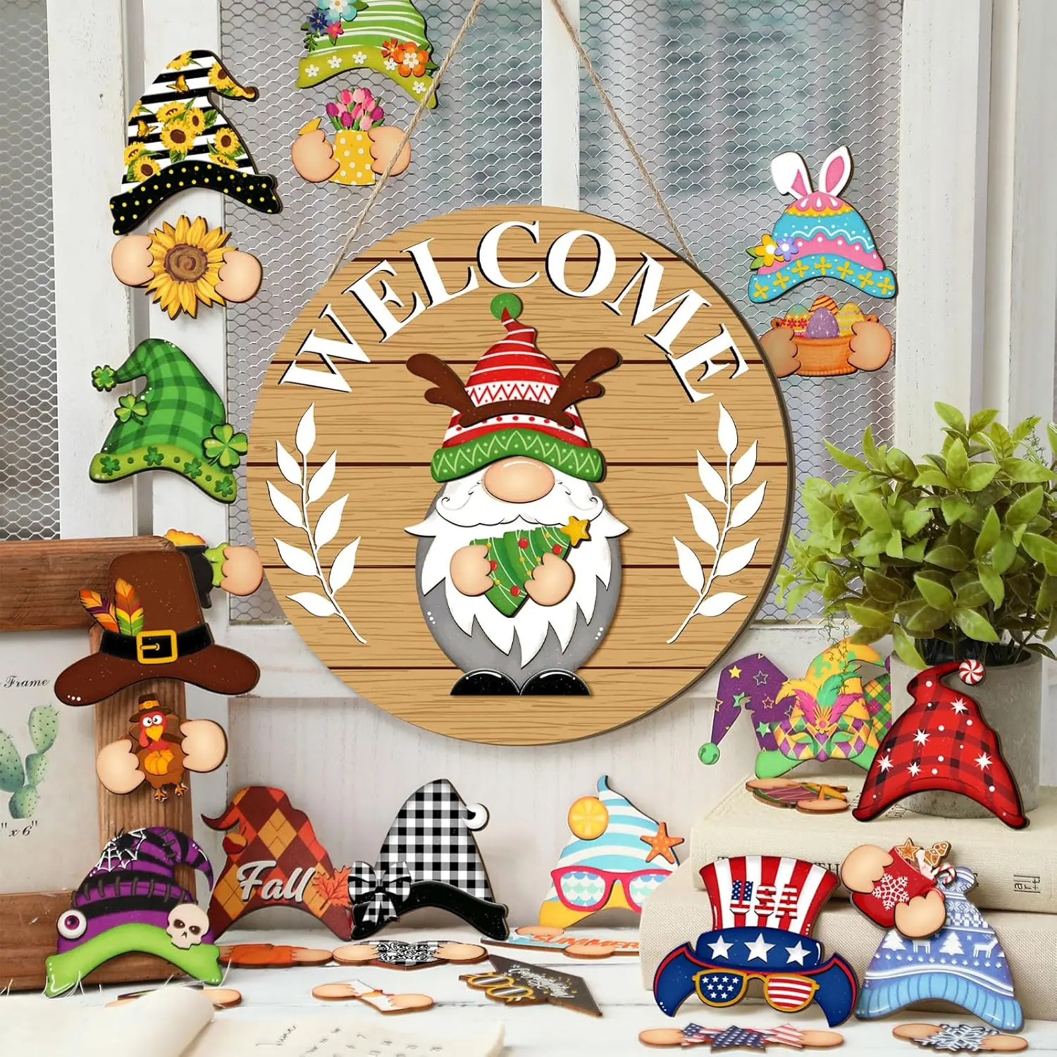 Gejoy Interchangeable Gnome Decor Halloween Welcome Sign Wooden Sign With Detachable Gnome Hats Magnet Wall Hanging For Home Graden Porch Halloween Christmas Thanksgiving Autumn Party, Season Gnomes Decor, Housewarming Gift, Door Wreath