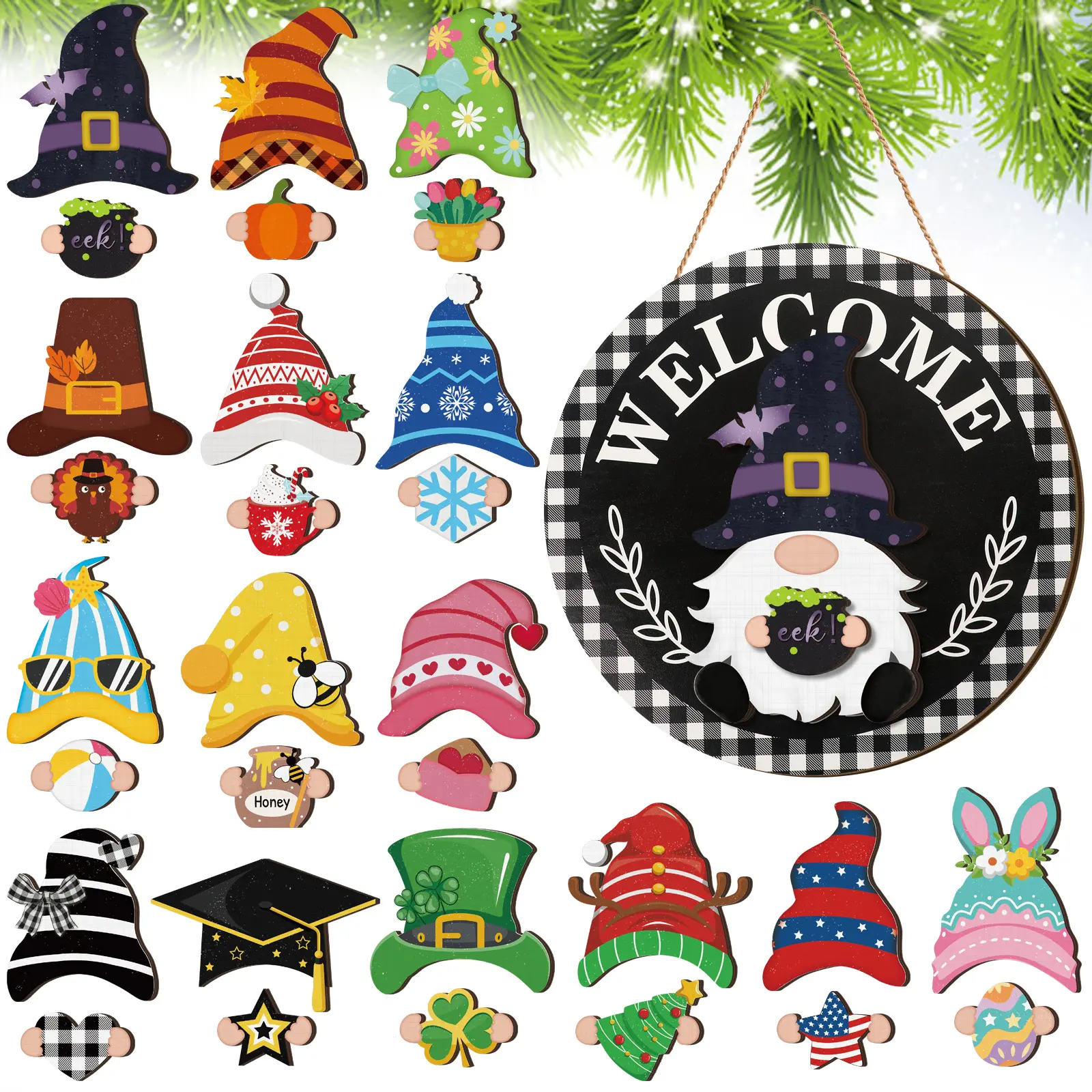 Gejoy Interchangeable Gnome Decor Halloween Welcome Sign Wooden Sign With Detachable Gnome Hats Magnet Wall Hanging For Home Graden Porch Halloween Christmas Thanksgiving Autumn Party, Season Gnomes Decor, Housewarming Gift, Door Wreath