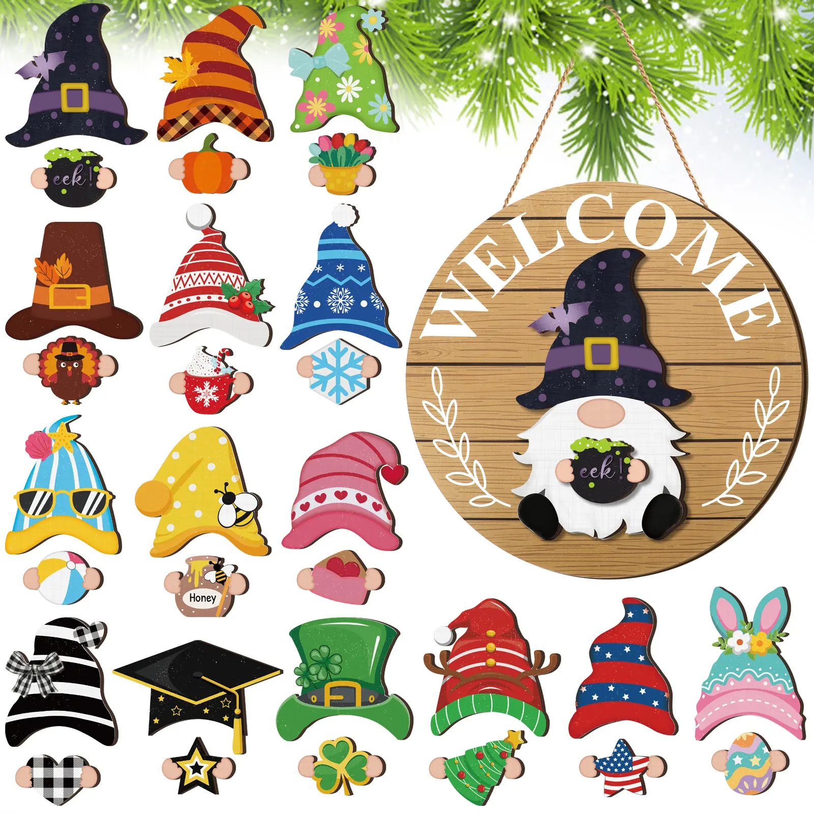 Gejoy Interchangeable Gnome Decor Halloween Welcome Sign Wooden Sign With Detachable Gnome Hats Magnet Wall Hanging For Home Graden Porch Halloween Christmas Thanksgiving Autumn Party, Season Gnomes Decor, Housewarming Gift, Door Wreath