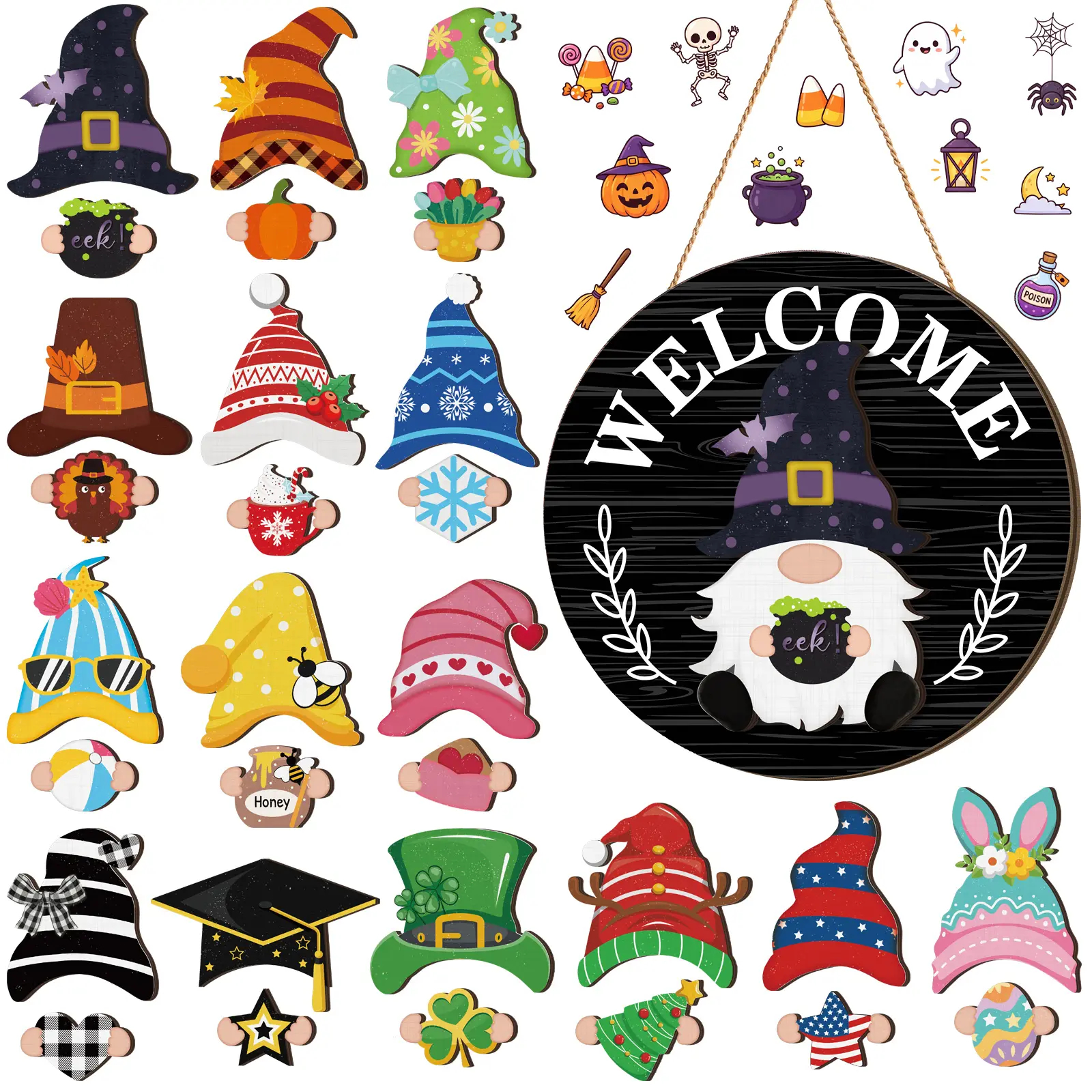 Gejoy Interchangeable Gnome Decor Halloween Welcome Sign Wooden Sign With Detachable Gnome Hats Magnet Wall Hanging For Home Graden Porch Halloween Christmas Thanksgiving Autumn Party, Season Gnomes Decor, Housewarming Gift, Door Wreath