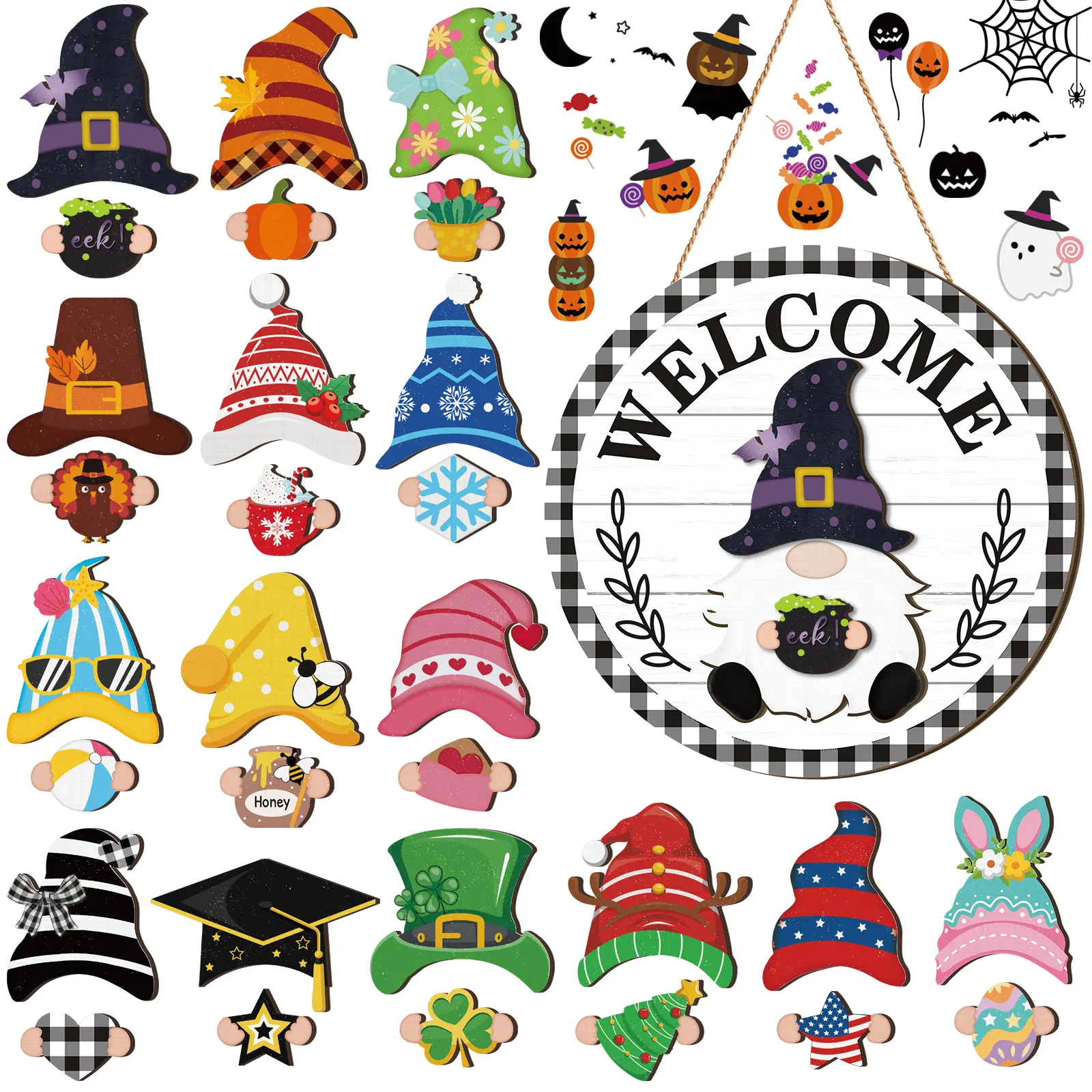 Gejoy Interchangeable Gnome Decor Halloween Welcome Sign Wooden Sign With Detachable Gnome Hats Magnet Wall Hanging For Home Graden Porch Halloween Christmas Thanksgiving Autumn Party, Season Gnomes Decor, Housewarming Gift, Door Wreath