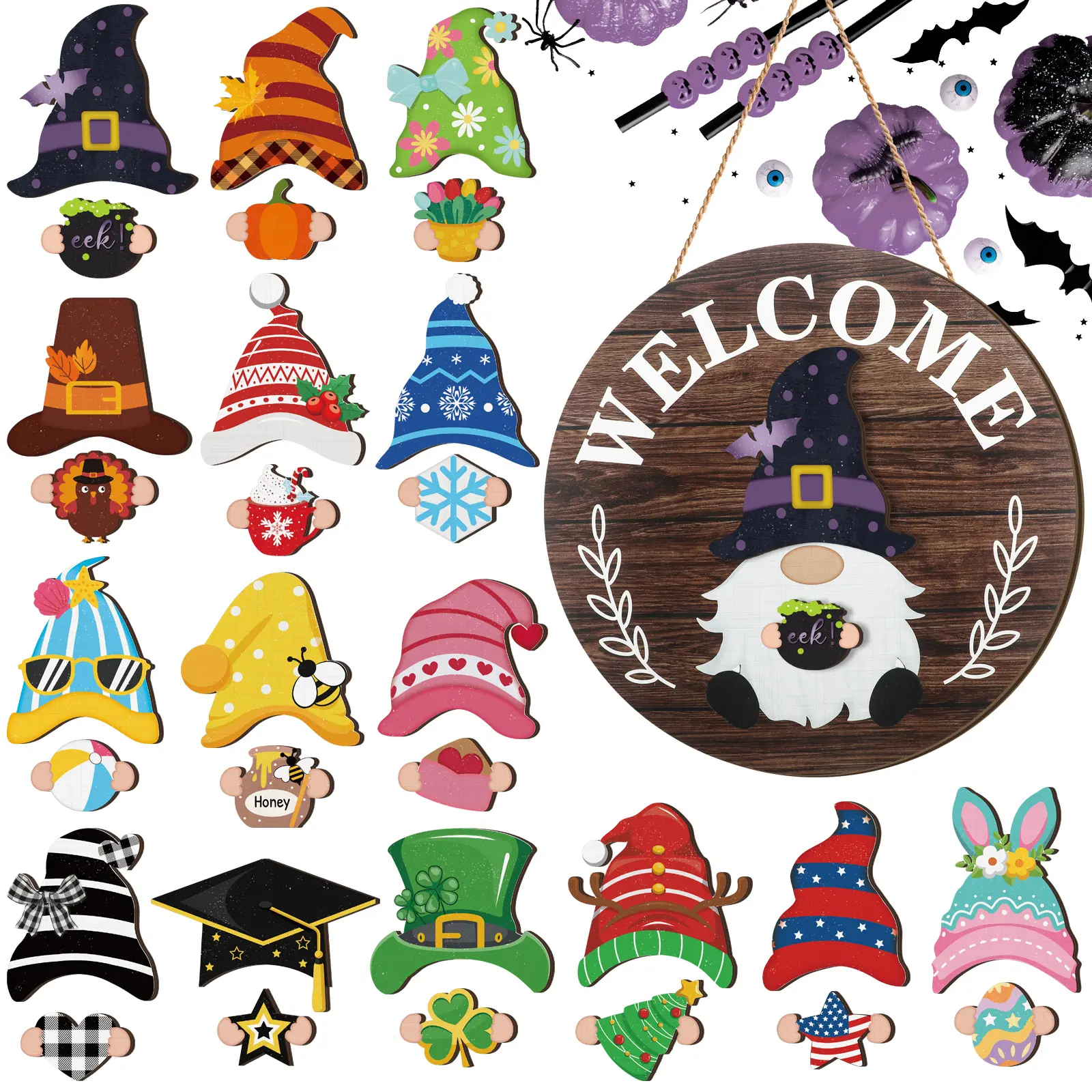 Gejoy Interchangeable Gnome Decor Halloween Welcome Sign Wooden Sign With Detachable Gnome Hats Magnet Wall Hanging For Home Graden Porch Halloween Christmas Thanksgiving Autumn Party, Season Gnomes Decor, Housewarming Gift, Door Wreath