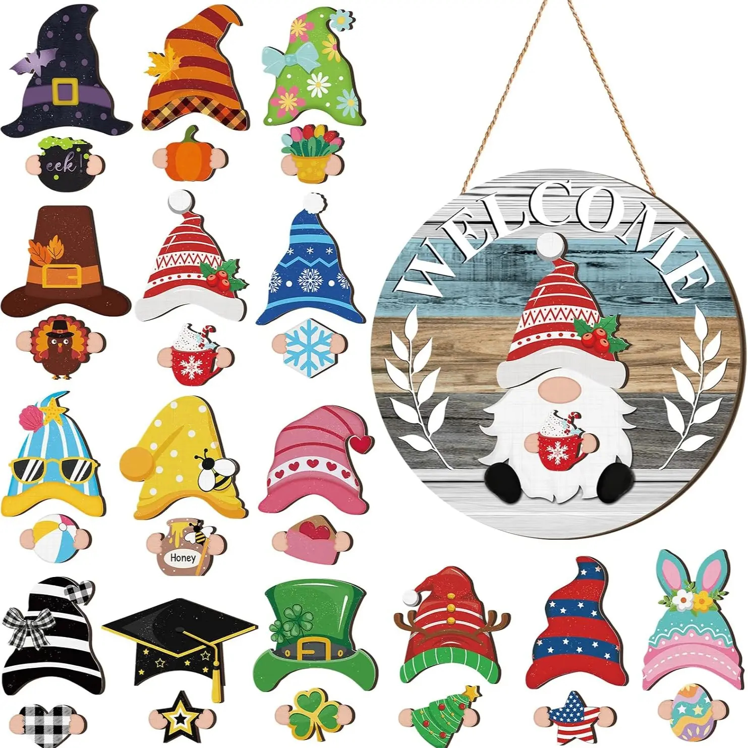 Gejoy Interchangeable Gnome Decor Halloween Welcome Sign Wooden Sign With Detachable Gnome Hats Magnet Wall Hanging For Home Graden Porch Halloween Christmas Thanksgiving Autumn Party, Season Gnomes Decor, Housewarming Gift, Door Wreath