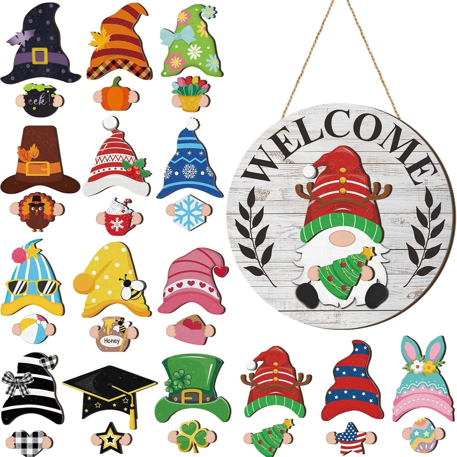 Gejoy Interchangeable Gnome Decor Halloween Welcome Sign Wooden Sign With Detachable Gnome Hats Magnet Wall Hanging For Home Graden Porch Halloween Christmas Thanksgiving Autumn Party, Season Gnomes Decor, Housewarming Gift, Door Wreath