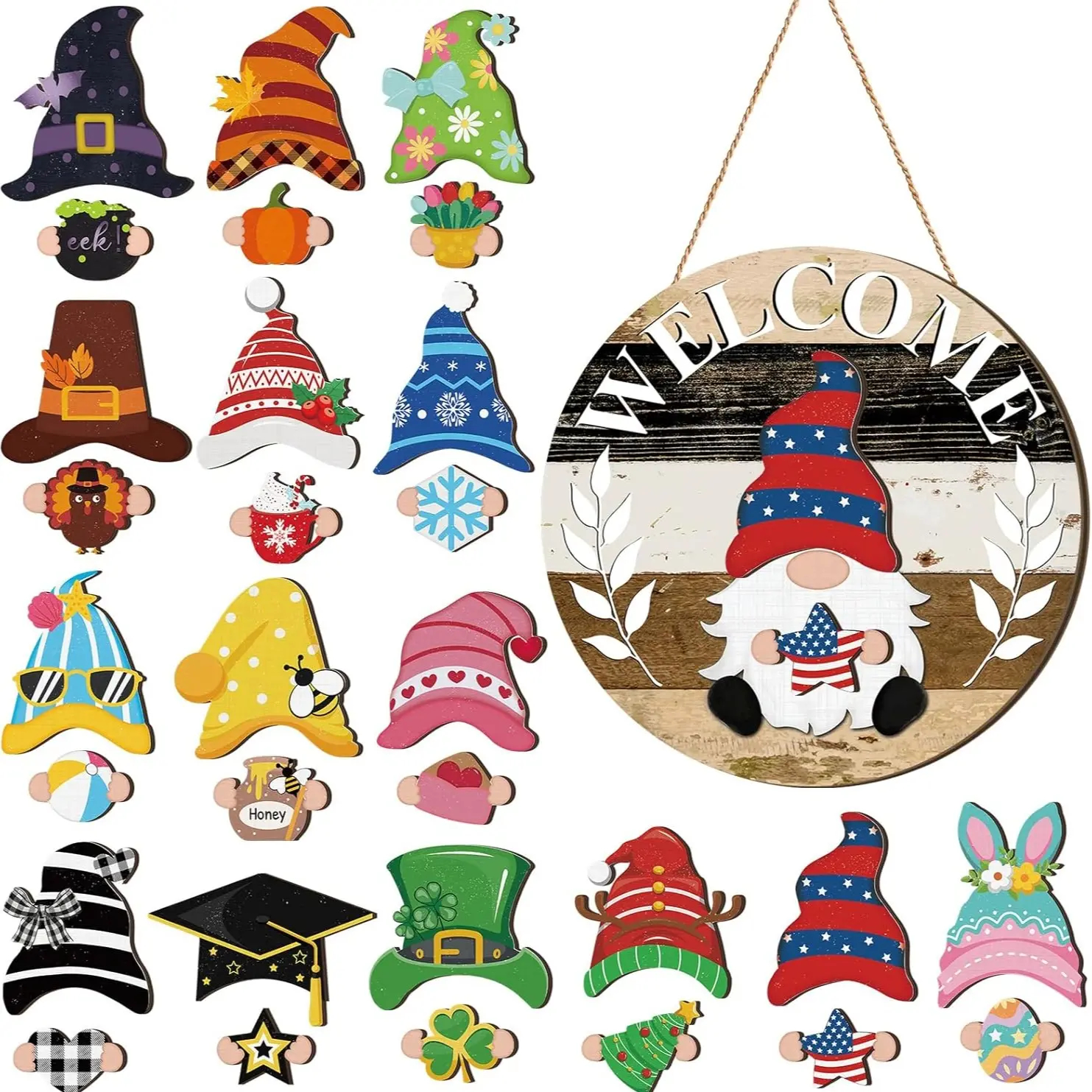 Gejoy Interchangeable Gnome Decor Halloween Welcome Sign Wooden Sign With Detachable Gnome Hats Magnet Wall Hanging For Home Graden Porch Halloween Christmas Thanksgiving Autumn Party, Season Gnomes Decor, Housewarming Gift, Door Wreath
