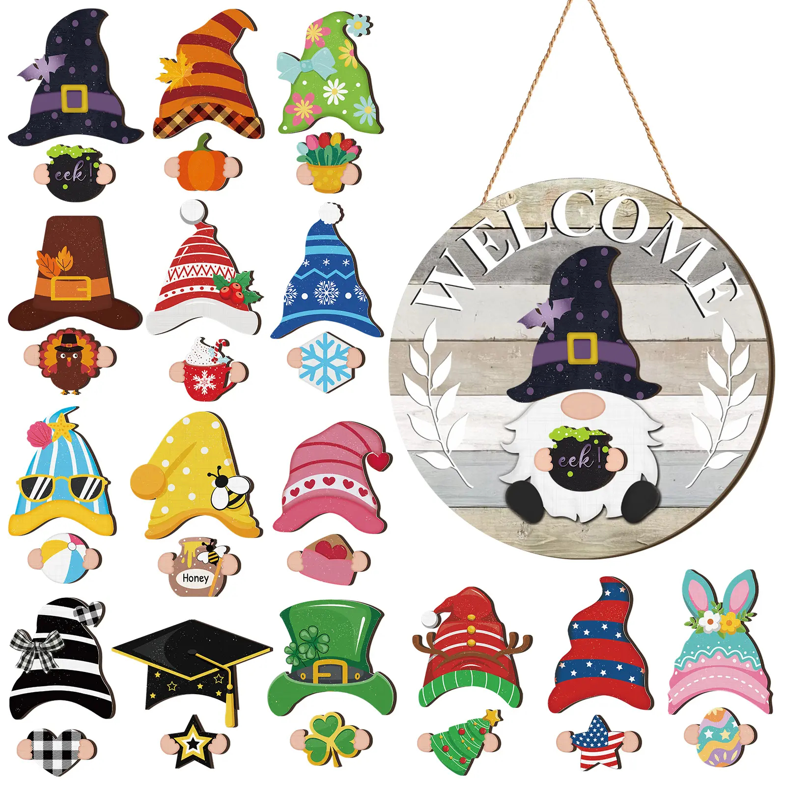 Gejoy Interchangeable Gnome Decor Halloween Welcome Sign Wooden Sign With Detachable Gnome Hats Magnet Wall Hanging For Home Graden Porch Halloween Christmas Thanksgiving Autumn Party, Season Gnomes Decor, Housewarming Gift, Door Wreath