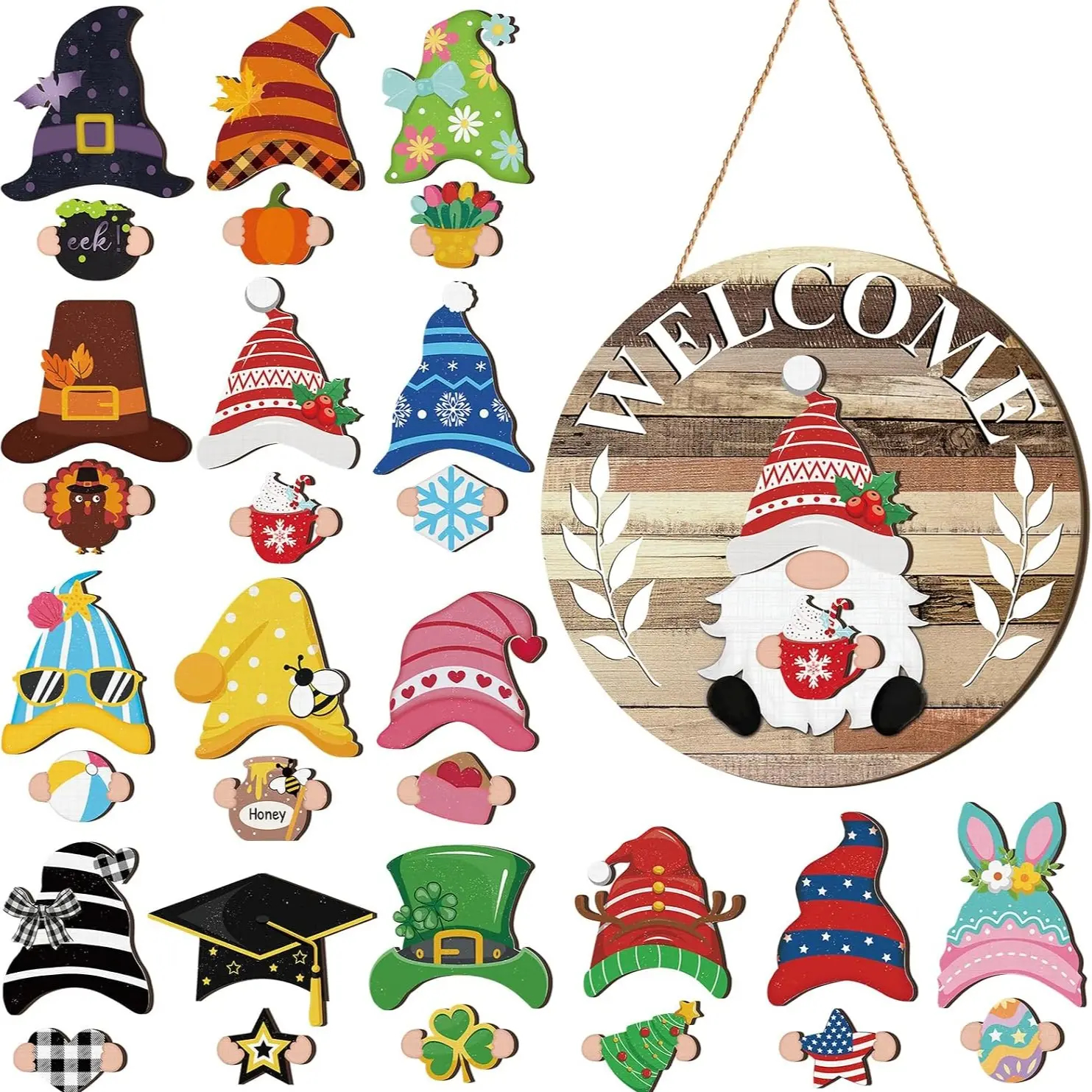 Gejoy Interchangeable Gnome Decor Halloween Welcome Sign Wooden Sign With Detachable Gnome Hats Magnet Wall Hanging For Home Graden Porch Halloween Christmas Thanksgiving Autumn Party, Season Gnomes Decor, Housewarming Gift, Door Wreath