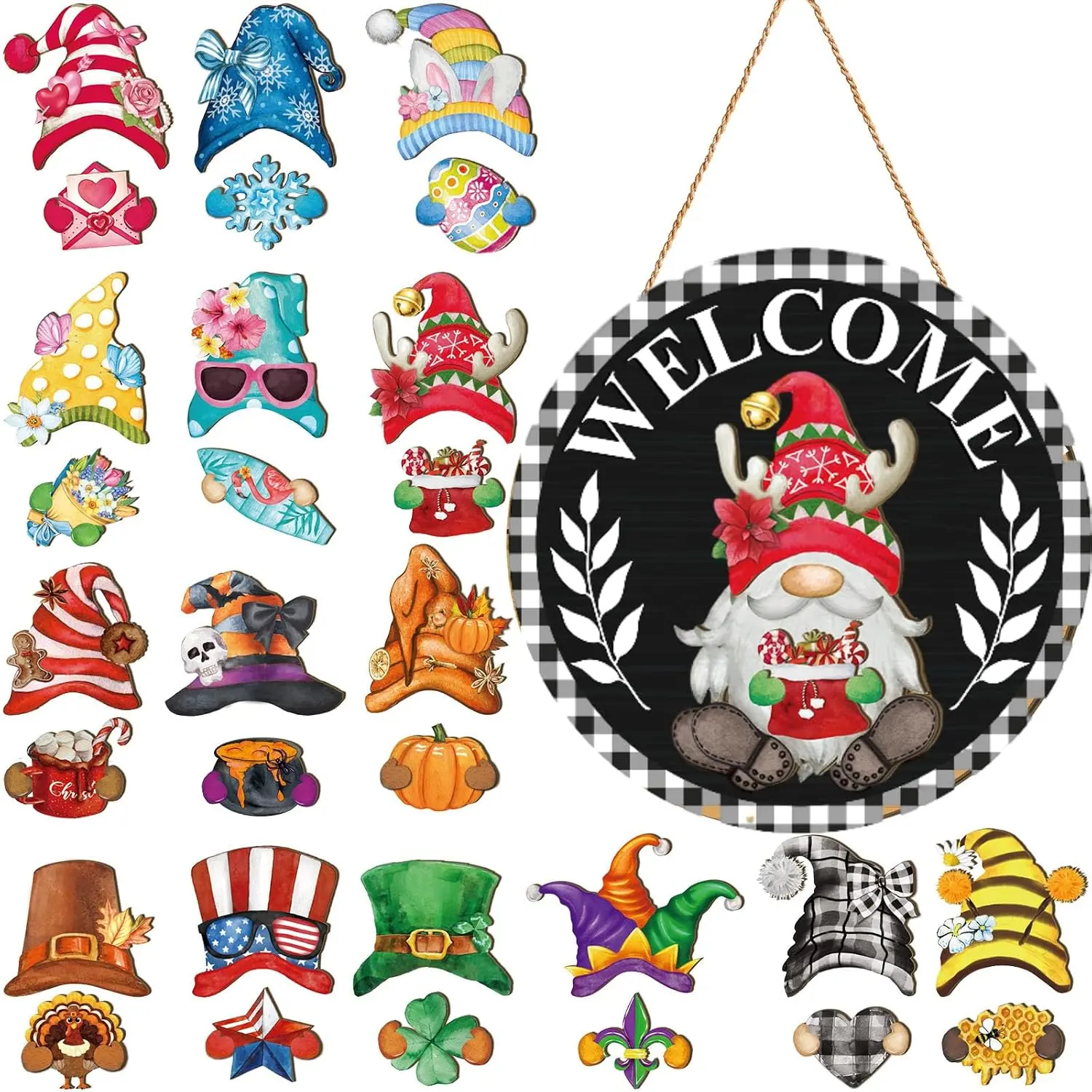 Gejoy Interchangeable Gnome Decor Halloween Welcome Sign Wooden Sign With Detachable Gnome Hats Magnet Wall Hanging For Home Graden Porch Halloween Christmas Thanksgiving Autumn Party, Season Gnomes Decor, Housewarming Gift, Door Wreath