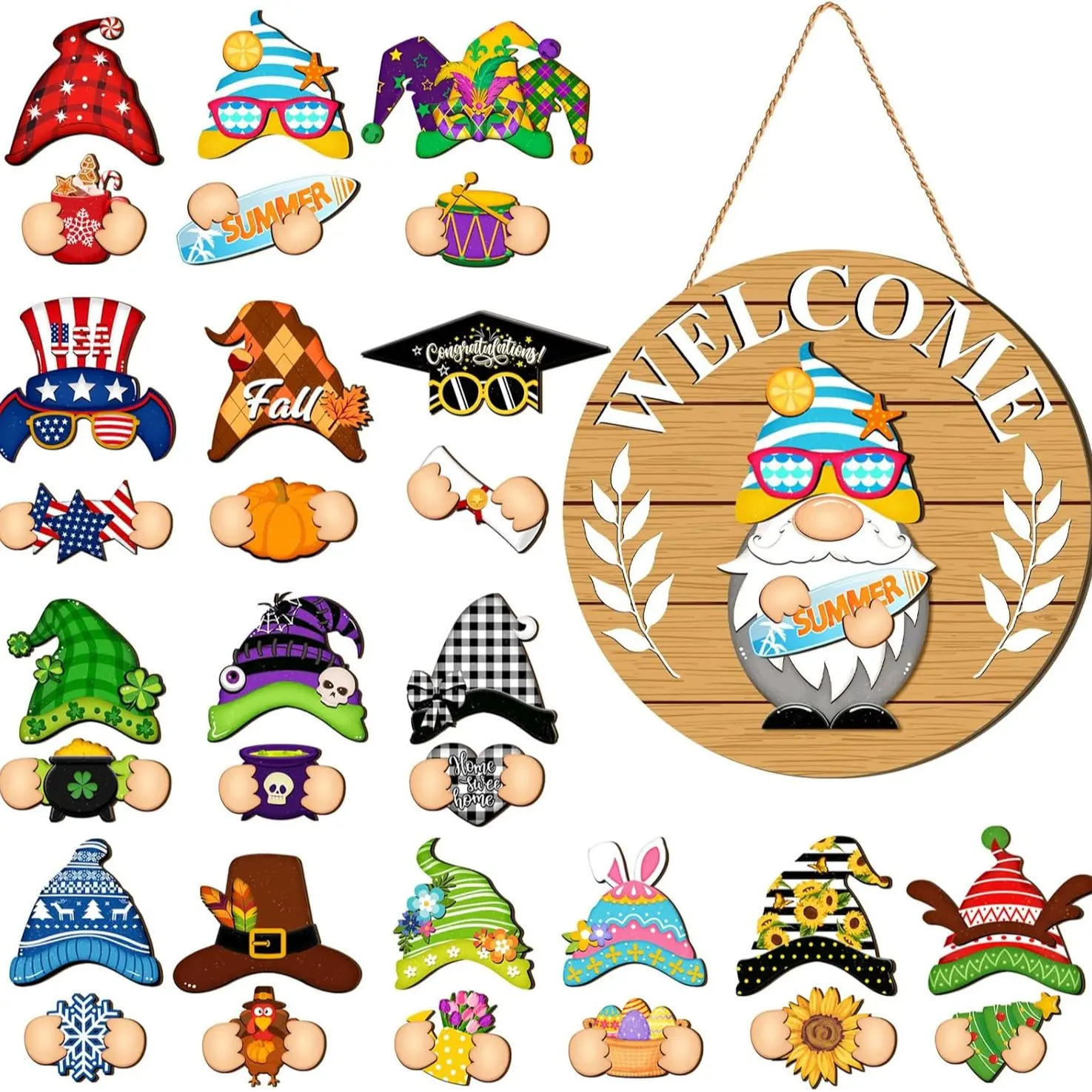 Gejoy Interchangeable Gnome Decor Halloween Welcome Sign Wooden Sign With Detachable Gnome Hats Magnet Wall Hanging For Home Graden Porch Halloween Christmas Thanksgiving Autumn Party, Season Gnomes Decor, Housewarming Gift, Door Wreath