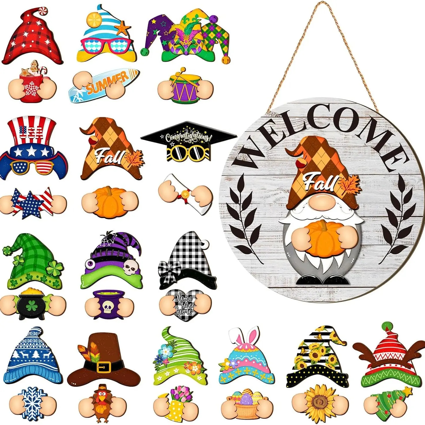 Gejoy Interchangeable Gnome Decor Halloween Welcome Sign Wooden Sign With Detachable Gnome Hats Magnet Wall Hanging For Home Graden Porch Halloween Christmas Thanksgiving Autumn Party, Season Gnomes Decor, Housewarming Gift, Door Wreath