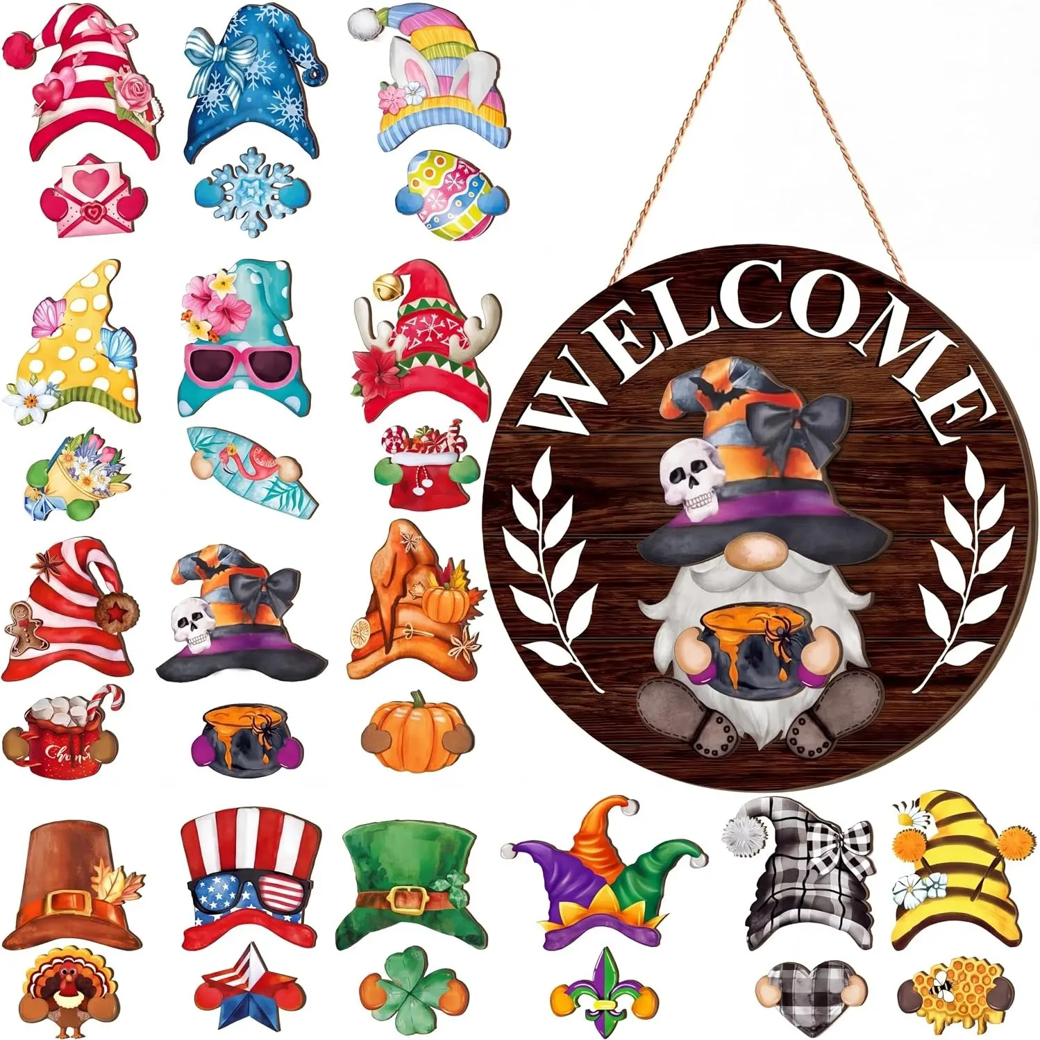 Gejoy Interchangeable Gnome Decor Halloween Welcome Sign Wooden Sign With Detachable Gnome Hats Magnet Wall Hanging For Home Graden Porch Halloween Christmas Thanksgiving Autumn Party, Season Gnomes Decor, Housewarming Gift, Door Wreath