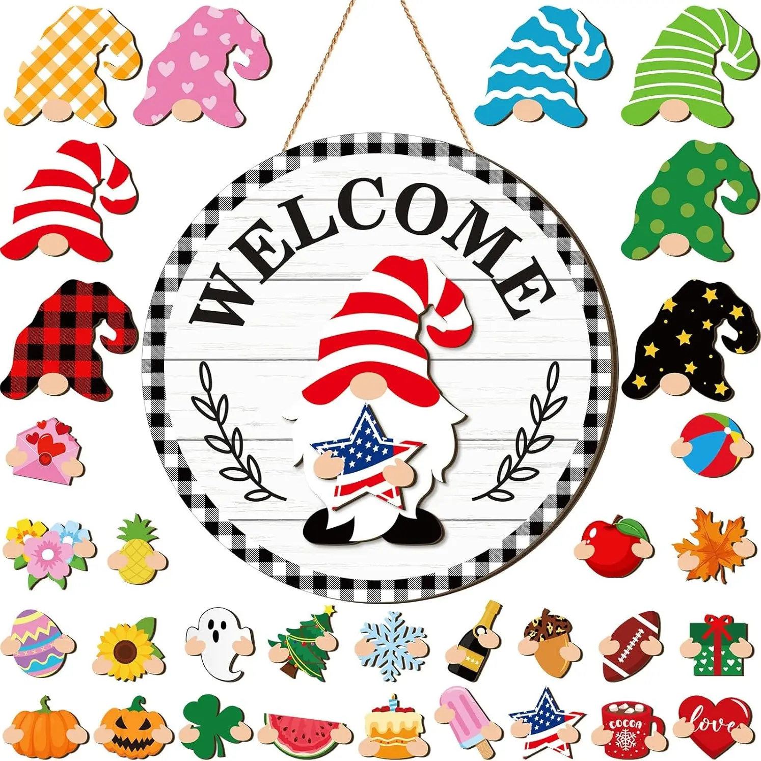 Gejoy Interchangeable Gnome Decor Halloween Welcome Sign Wooden Sign With Detachable Gnome Hats Magnet Wall Hanging For Home Graden Porch Halloween Christmas Thanksgiving Autumn Party, Season Gnomes Decor, Housewarming Gift, Door Wreath