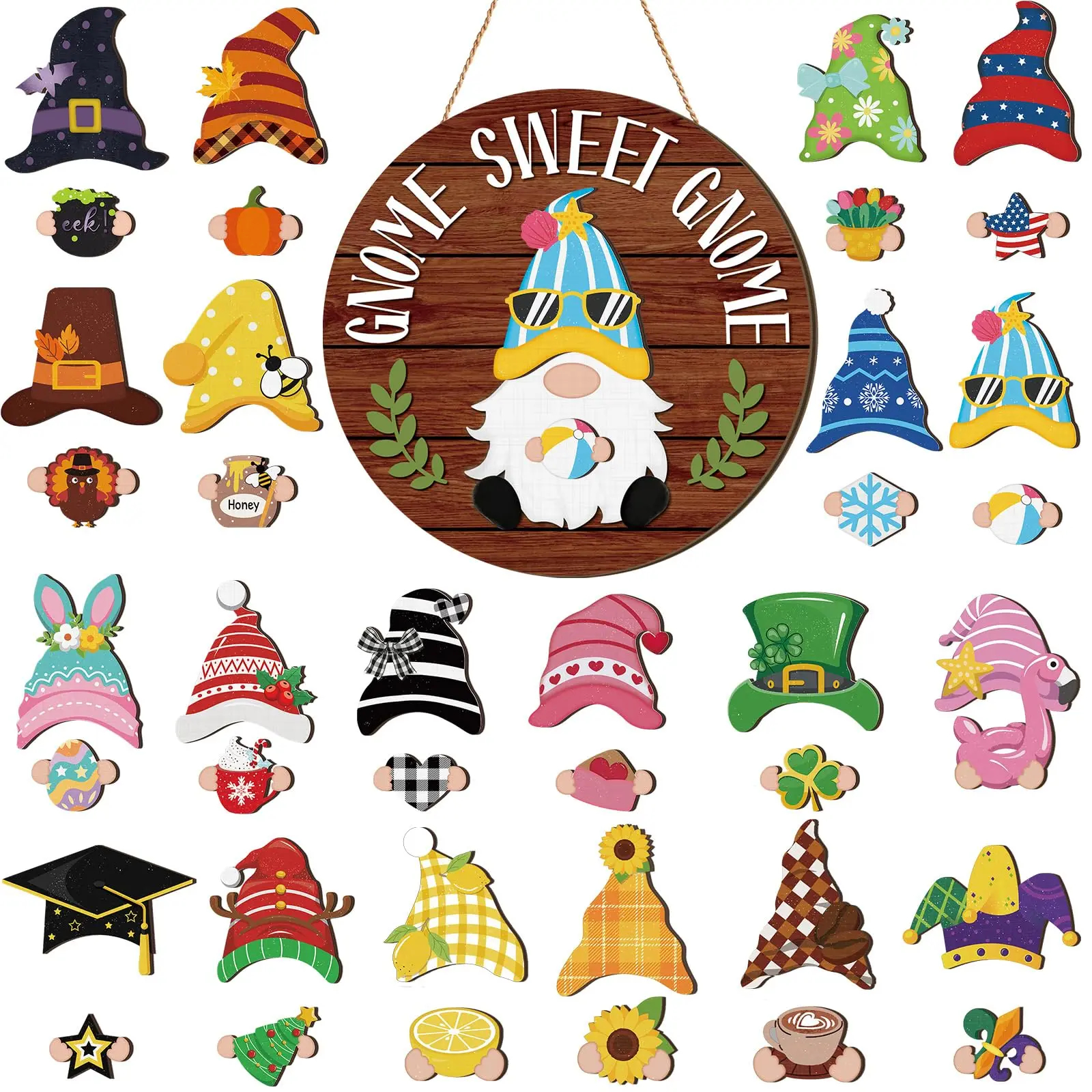 Gejoy Interchangeable Gnome Decor Halloween Welcome Sign Wooden Sign With Detachable Gnome Hats Magnet Wall Hanging For Home Graden Porch Halloween Christmas Thanksgiving Autumn Party, Season Gnomes Decor, Housewarming Gift, Door Wreath