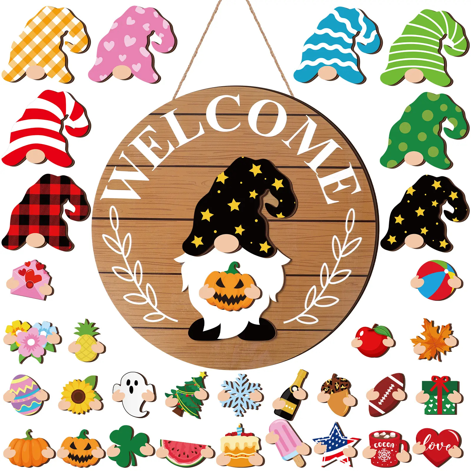 Gejoy Interchangeable Gnome Decor Halloween Welcome Sign Wooden Sign With Detachable Gnome Hats Magnet Wall Hanging For Home Graden Porch Halloween Christmas Thanksgiving Autumn Party, Season Gnomes Decor, Housewarming Gift, Door Wreath