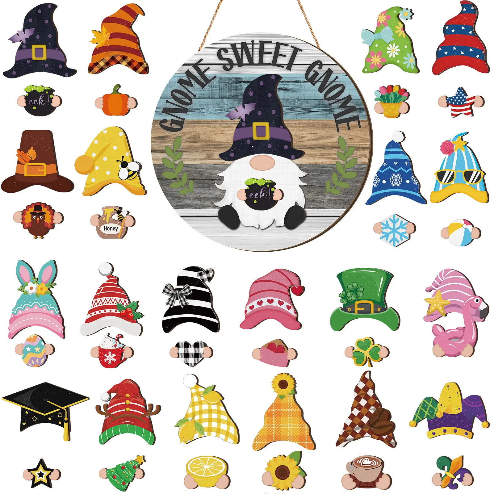 Gejoy Interchangeable Gnome Decor Halloween Welcome Sign Wooden Sign With Detachable Gnome Hats Magnet Wall Hanging For Home Graden Porch Halloween Christmas Thanksgiving Autumn Party, Season Gnomes Decor, Housewarming Gift, Door Wreath