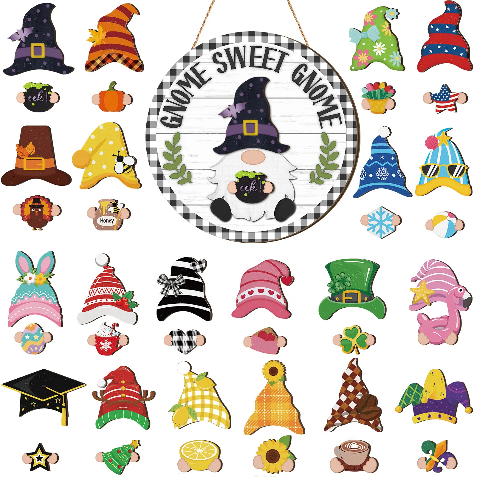 Gejoy Interchangeable Gnome Decor Halloween Welcome Sign Wooden Sign With Detachable Gnome Hats Magnet Wall Hanging For Home Graden Porch Halloween Christmas Thanksgiving Autumn Party, Season Gnomes Decor, Housewarming Gift, Door Wreath