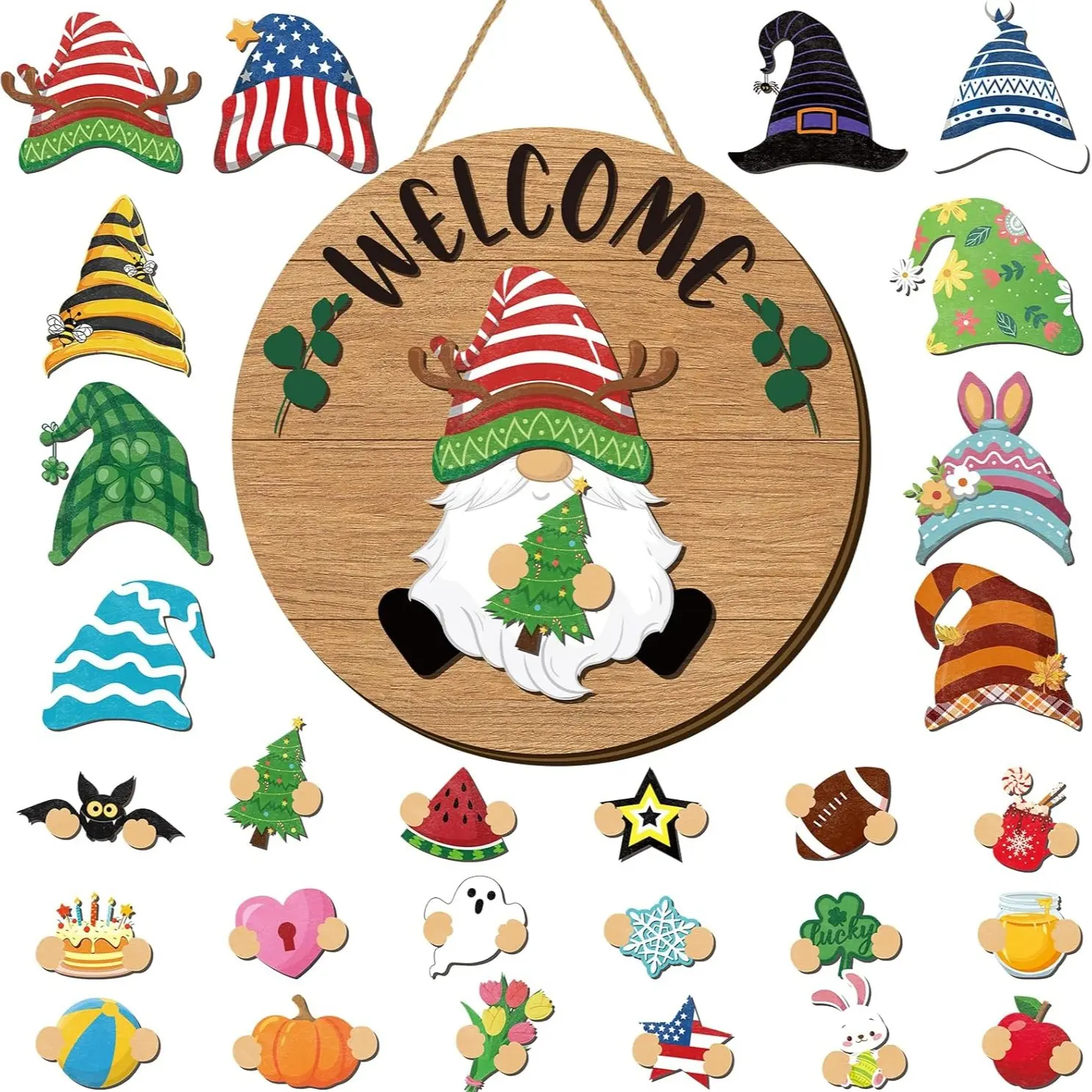 Gejoy Interchangeable Gnome Decor Halloween Welcome Sign Wooden Sign With Detachable Gnome Hats Magnet Wall Hanging For Home Graden Porch Halloween Christmas Thanksgiving Autumn Party, Season Gnomes Decor, Housewarming Gift, Door Wreath