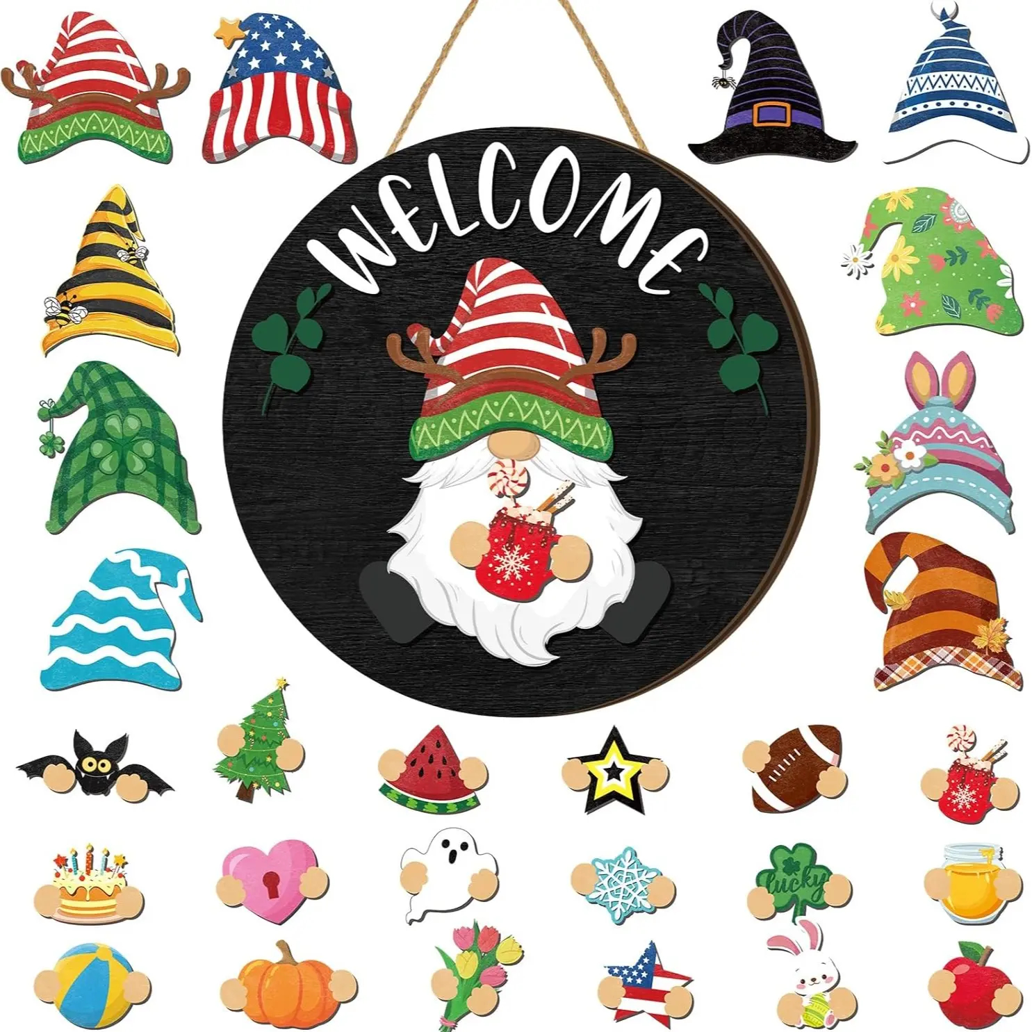 Gejoy Interchangeable Gnome Decor Halloween Welcome Sign Wooden Sign With Detachable Gnome Hats Magnet Wall Hanging For Home Graden Porch Halloween Christmas Thanksgiving Autumn Party, Season Gnomes Decor, Housewarming Gift, Door Wreath