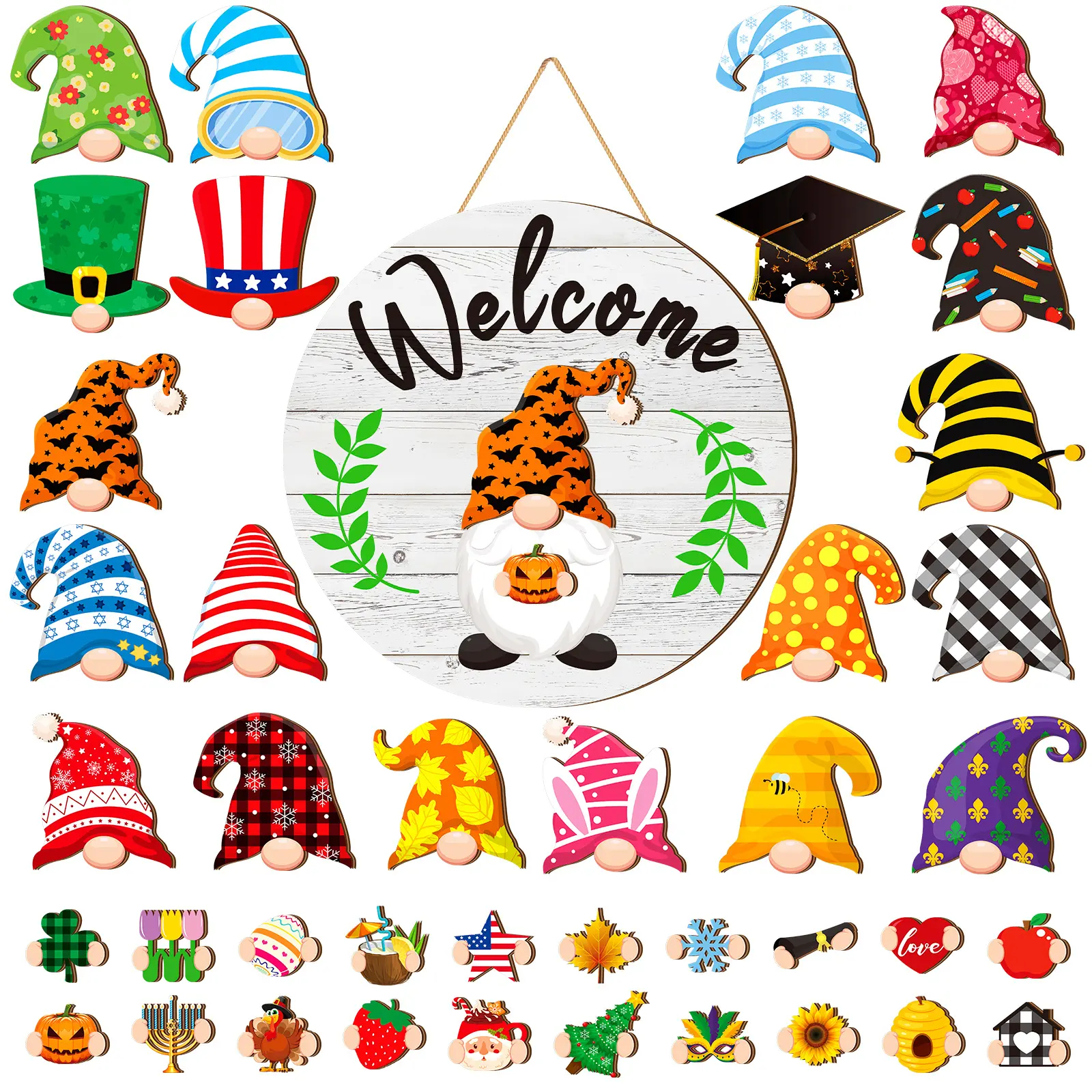 Gejoy Interchangeable Gnome Decor Halloween Welcome Sign Wooden Sign With Detachable Gnome Hats Magnet Wall Hanging For Home Graden Porch Halloween Christmas Thanksgiving Autumn Party, Season Gnomes Decor, Housewarming Gift, Door Wreath