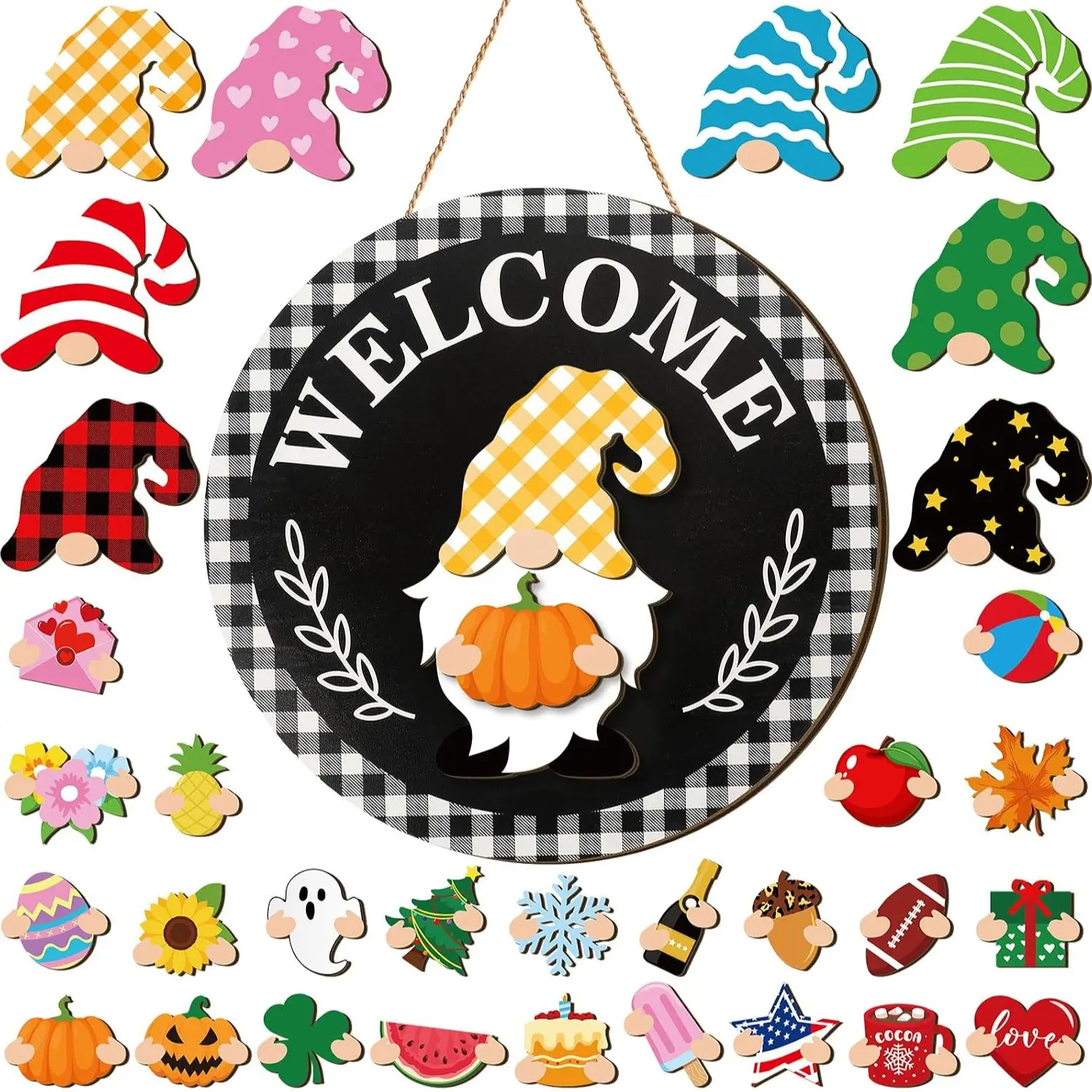 Gejoy Interchangeable Gnome Decor Halloween Welcome Sign Wooden Sign With Detachable Gnome Hats Magnet Wall Hanging For Home Graden Porch Halloween Christmas Thanksgiving Autumn Party, Season Gnomes Decor, Housewarming Gift, Door Wreath