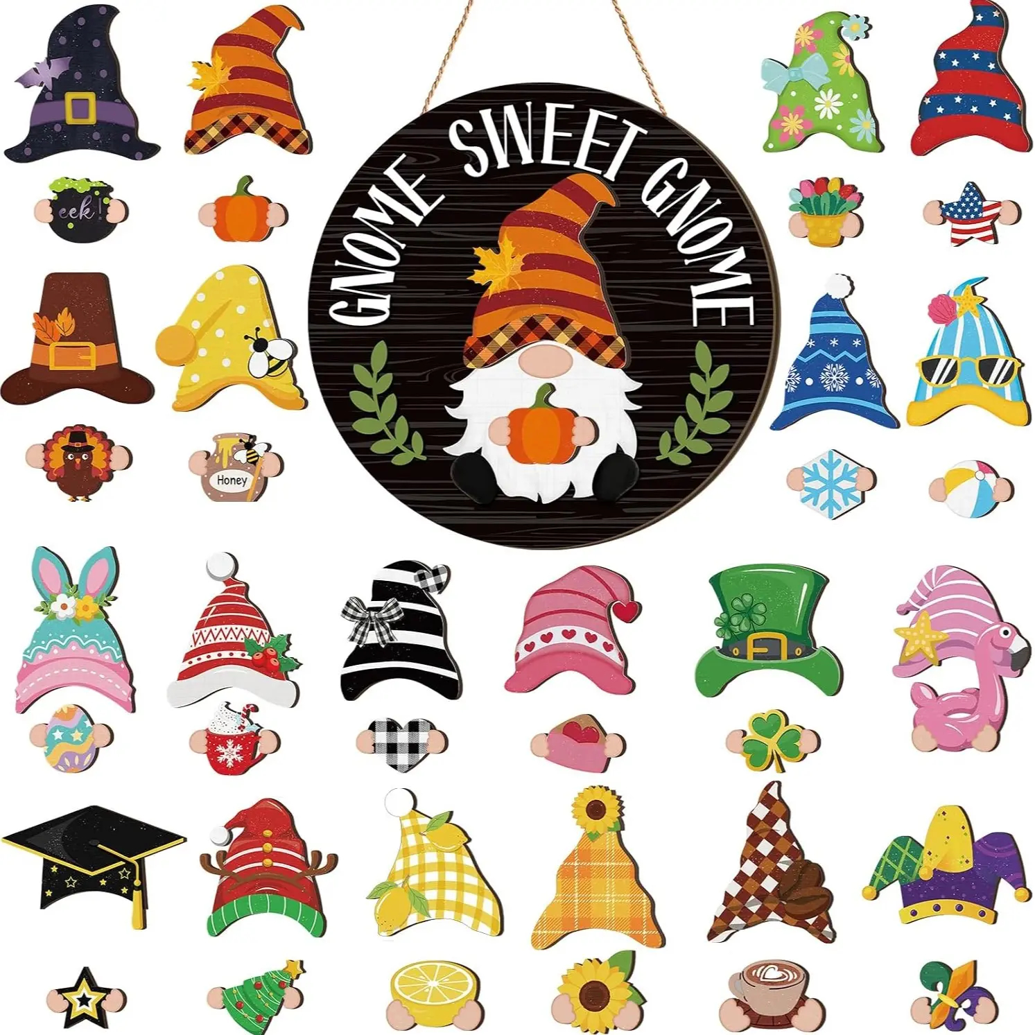 Gejoy Interchangeable Gnome Decor Halloween Welcome Sign Wooden Sign With Detachable Gnome Hats Magnet Wall Hanging For Home Graden Porch Halloween Christmas Thanksgiving Autumn Party, Season Gnomes Decor, Housewarming Gift, Door Wreath