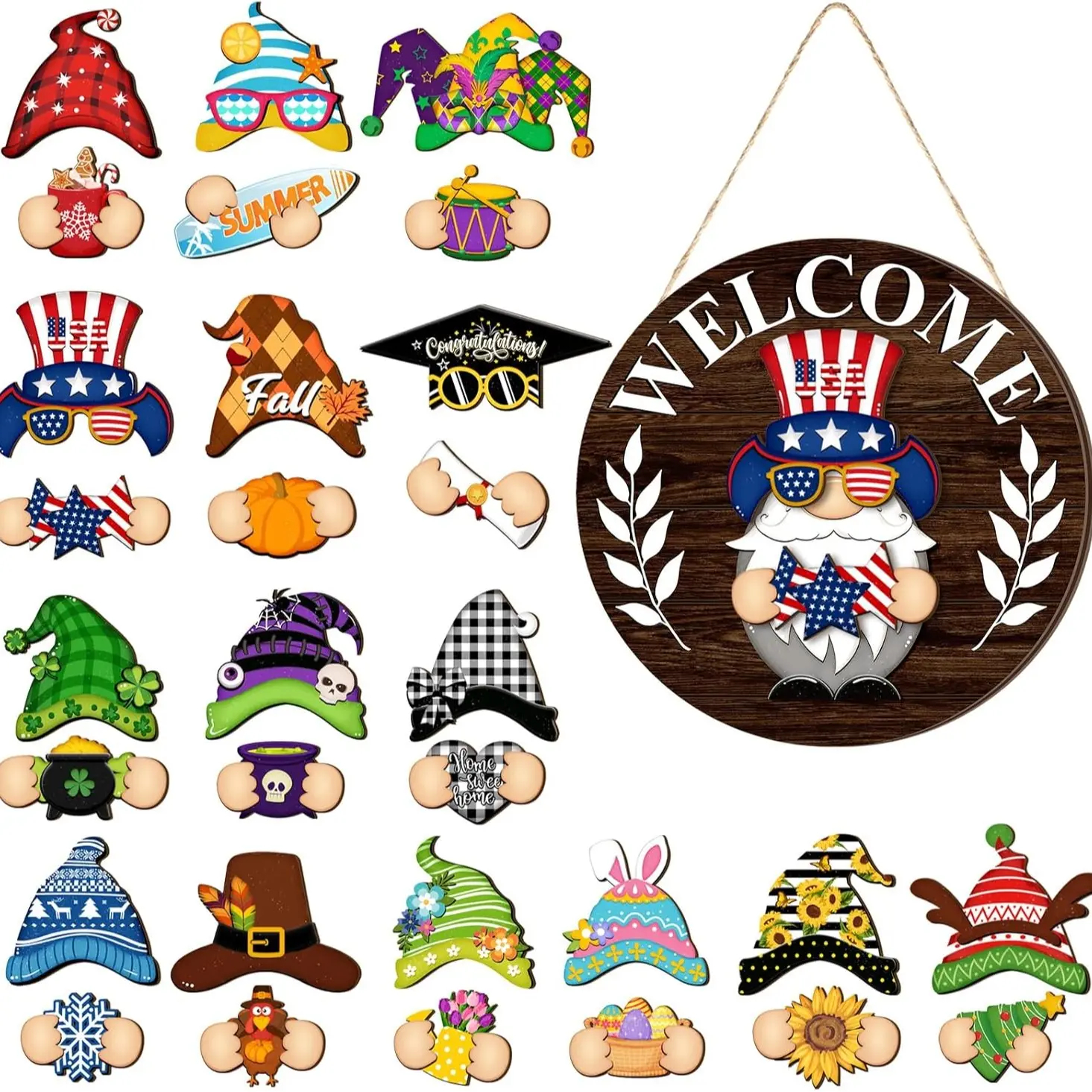 Gejoy Interchangeable Gnome Decor Halloween Welcome Sign Wooden Sign With Detachable Gnome Hats Magnet Wall Hanging For Home Graden Porch Halloween Christmas Thanksgiving Autumn Party, Season Gnomes Decor, Housewarming Gift, Door Wreath