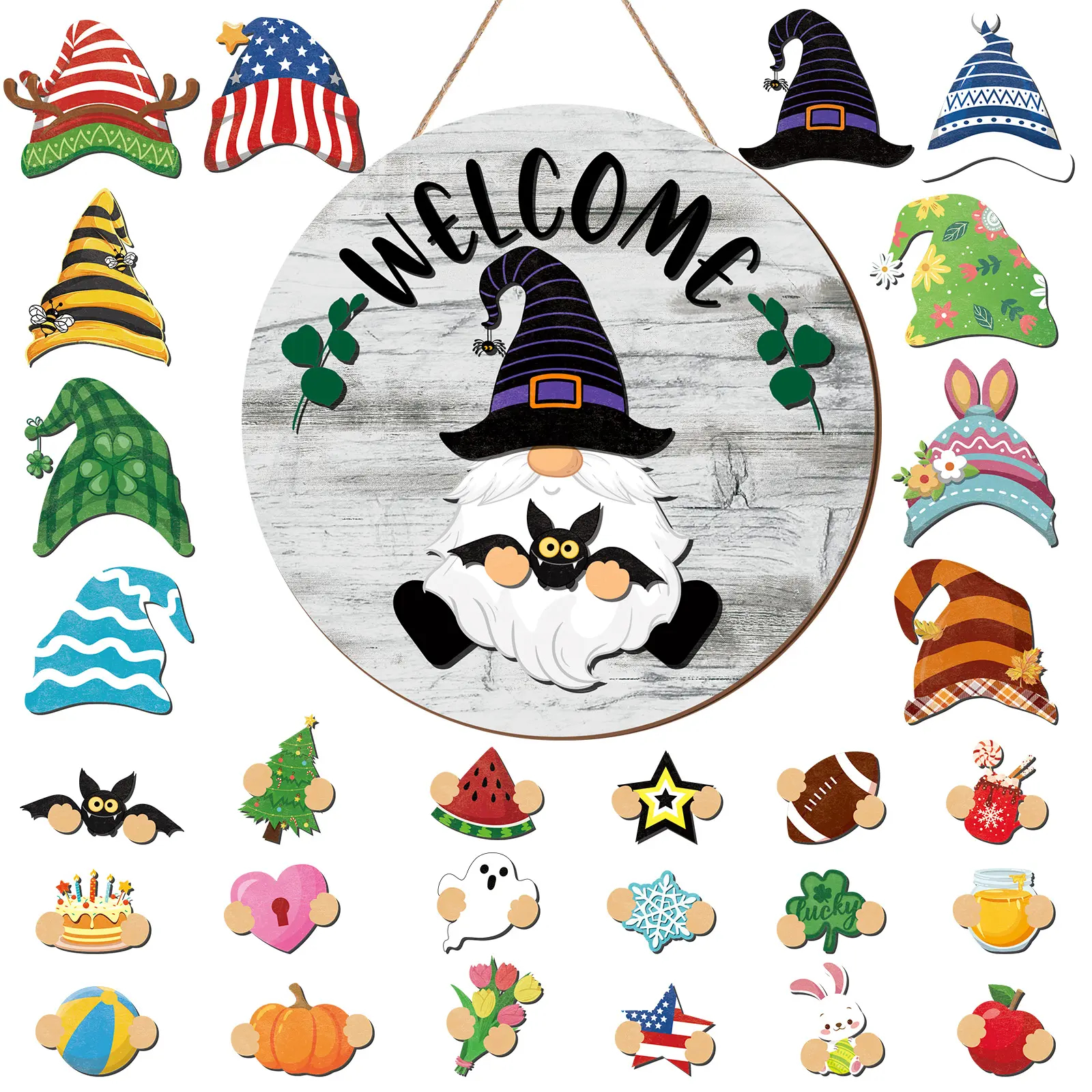 Gejoy Interchangeable Gnome Decor Halloween Welcome Sign Wooden Sign With Detachable Gnome Hats Magnet Wall Hanging For Home Graden Porch Halloween Christmas Thanksgiving Autumn Party, Season Gnomes Decor, Housewarming Gift, Door Wreath