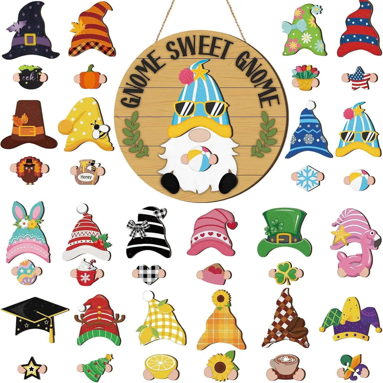 Gejoy Interchangeable Gnome Decor Halloween Welcome Sign Wooden Sign With Detachable Gnome Hats Magnet Wall Hanging For Home Graden Porch Halloween Christmas Thanksgiving Autumn Party, Season Gnomes Decor, Housewarming Gift, Door Wreath