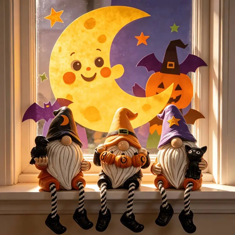 Spooky Halloween Gnome Ornaments Set, Hand-Painted Resin Figurines with Crow, Pumpkin, Black Cat Designs, Cute Fall Table Decor for Home Mantel Shelf - Ideal Gift for Indoor Recreation