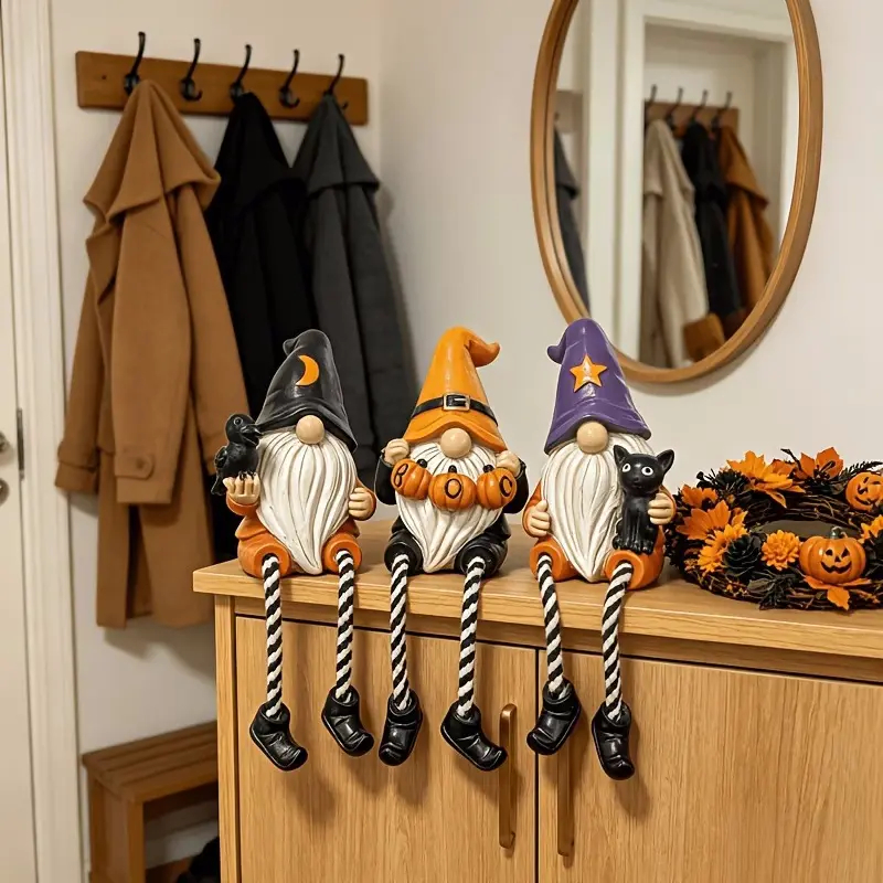 Spooky Halloween Gnome Ornaments Set, Hand-Painted Resin Figurines with Crow, Pumpkin, Black Cat Designs, Cute Fall Table Decor for Home Mantel Shelf - Ideal Gift for Indoor Recreation