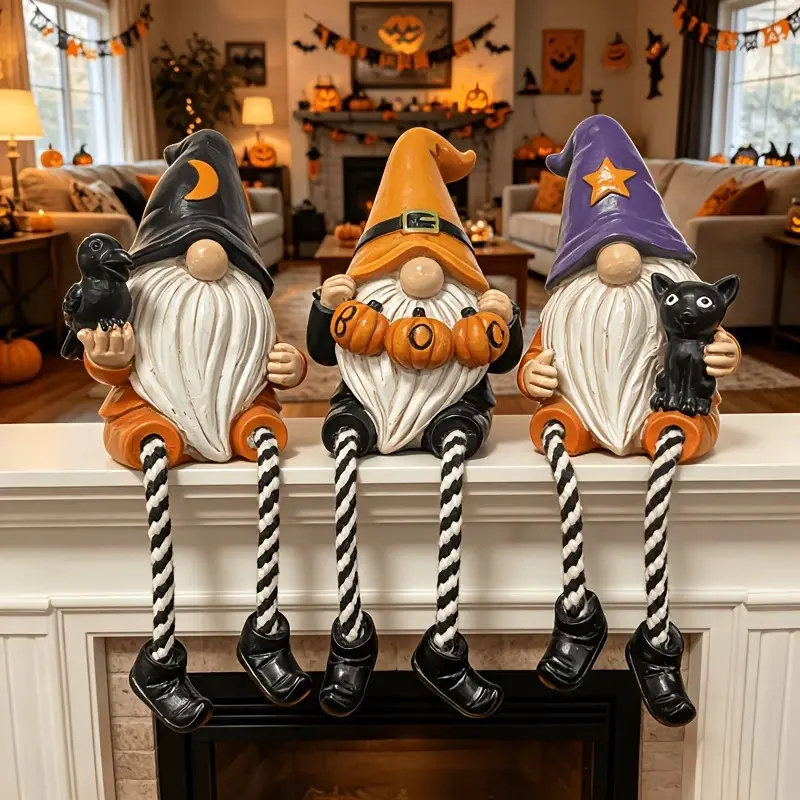 Spooky Halloween Gnome Ornaments Set, Hand-Painted Resin Figurines with Crow, Pumpkin, Black Cat Designs, Cute Fall Table Decor for Home Mantel Shelf - Ideal Gift for Indoor Recreation