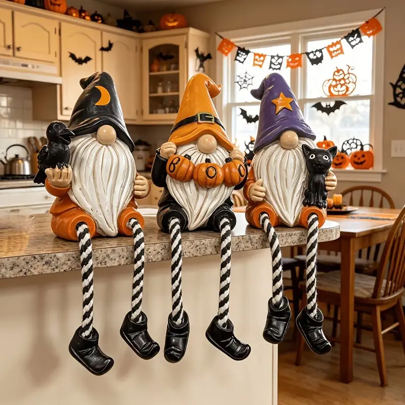 Spooky Halloween Gnome Ornaments Set, Hand-Painted Resin Figurines with Crow, Pumpkin, Black Cat Designs, Cute Fall Table Decor for Home Mantel Shelf - Ideal Gift for Indoor Recreation