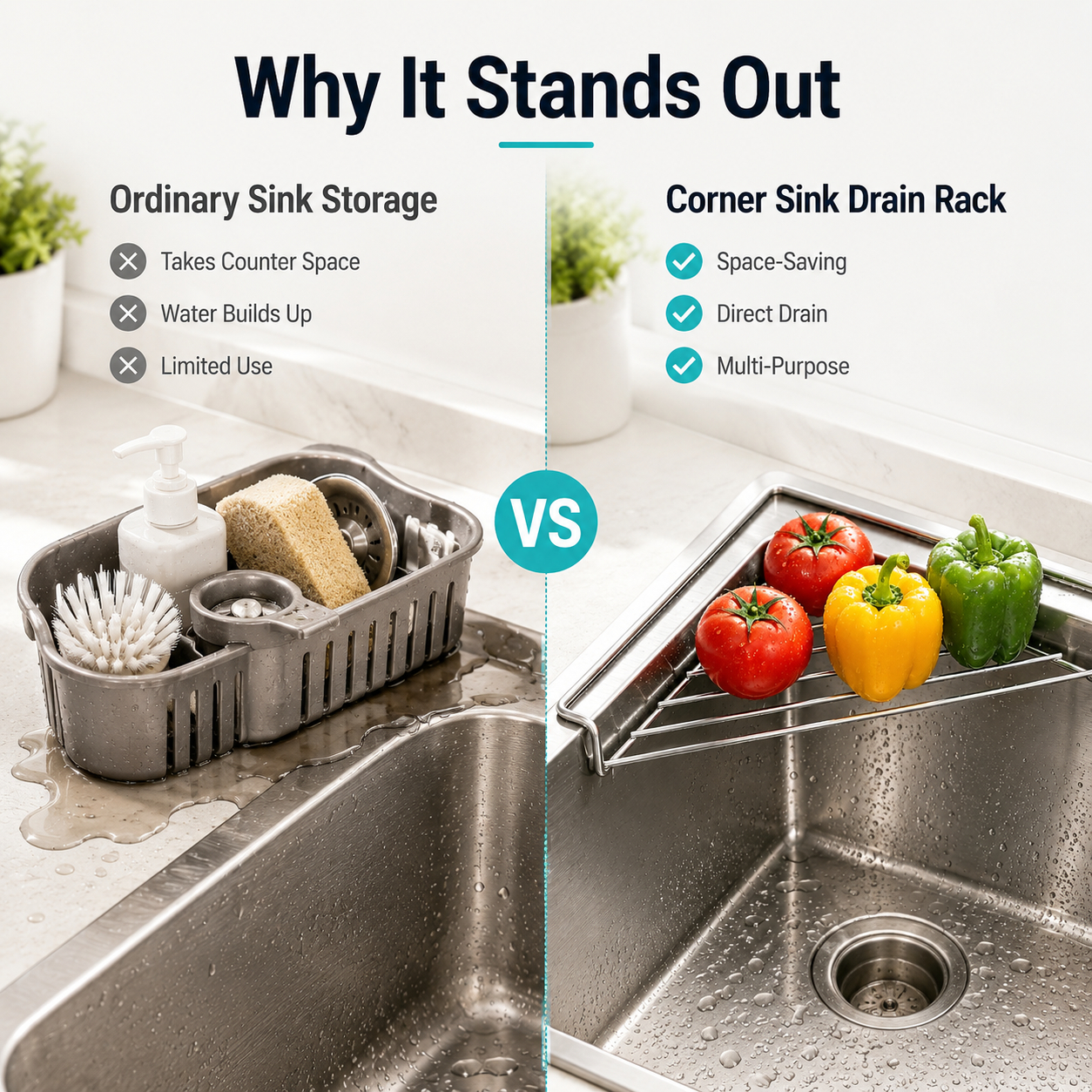 🧼 304 Stainless Steel Triangle Sink Corner Rack, Open Drainage Kitchen Sink Organizer for Sponge Dishcloth