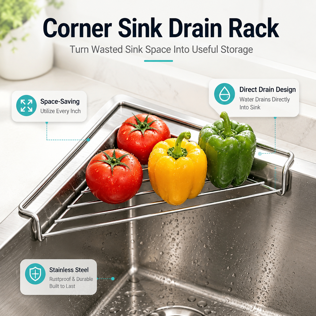 🧼 304 Stainless Steel Triangle Sink Corner Rack, Open Drainage Kitchen Sink Organizer for Sponge Dishcloth