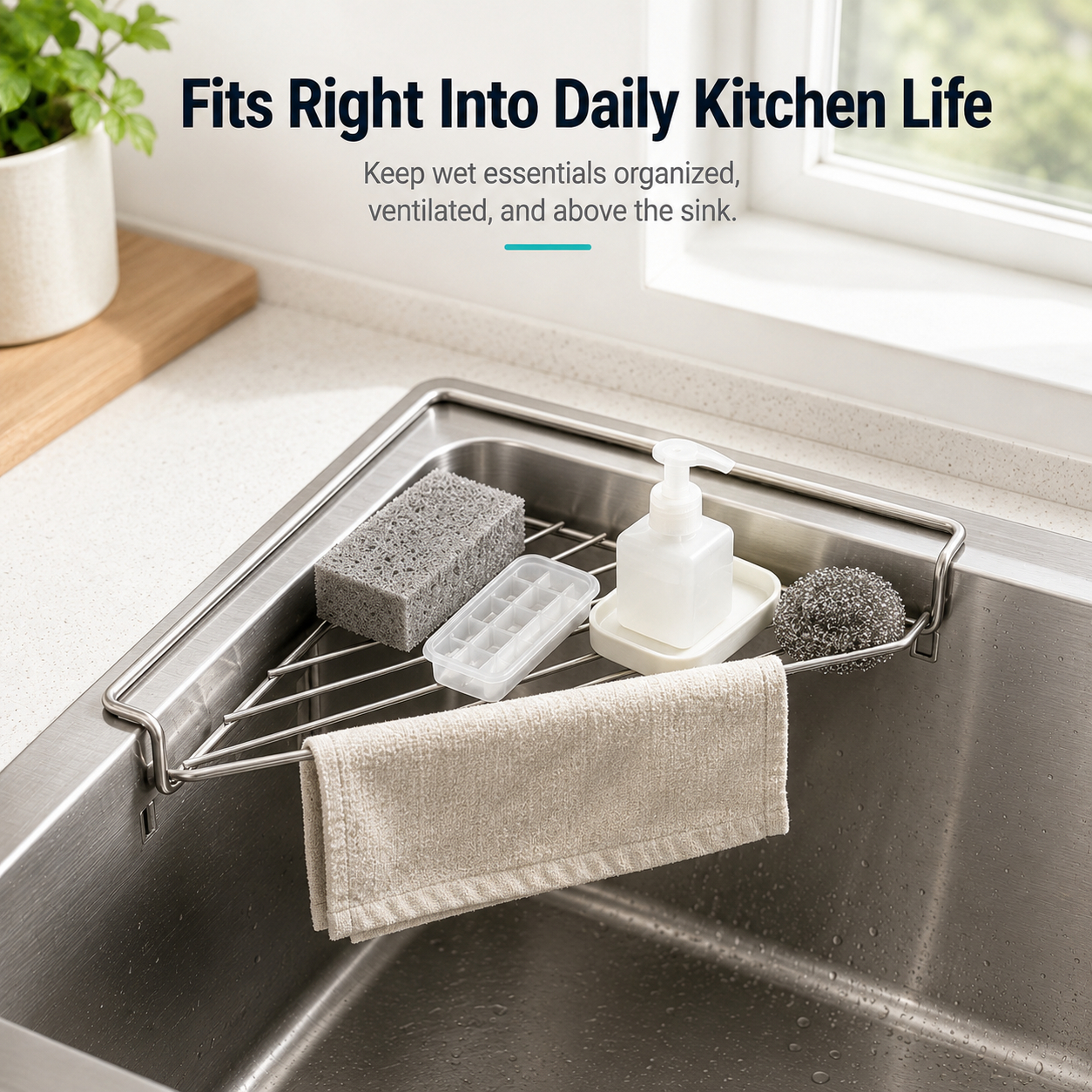 🧼 304 Stainless Steel Triangle Sink Corner Rack, Open Drainage Kitchen Sink Organizer for Sponge Dishcloth