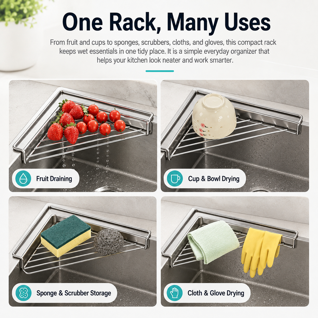 🧼 304 Stainless Steel Triangle Sink Corner Rack, Open Drainage Kitchen Sink Organizer for Sponge Dishcloth