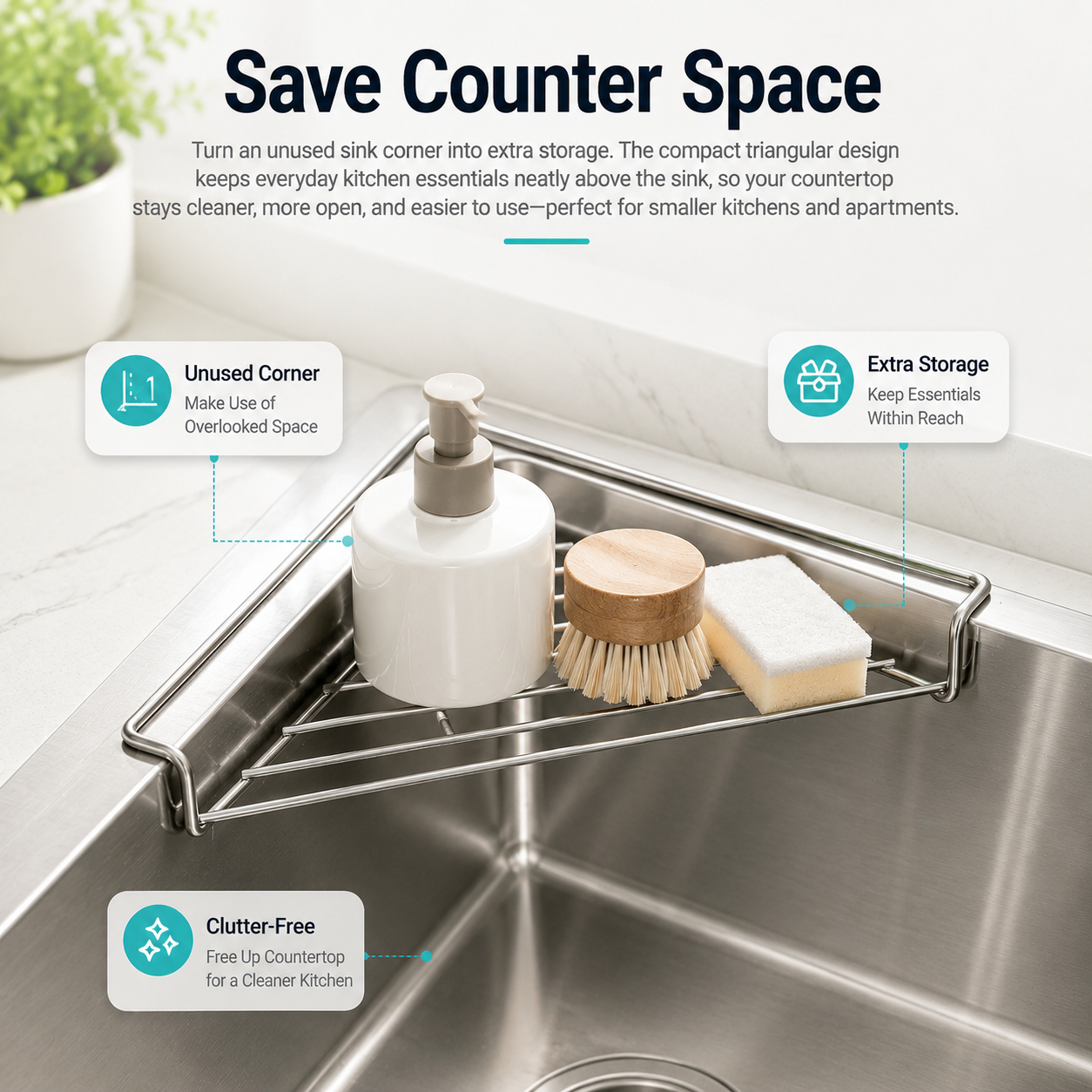 🧼 304 Stainless Steel Triangle Sink Corner Rack, Open Drainage Kitchen Sink Organizer for Sponge Dishcloth