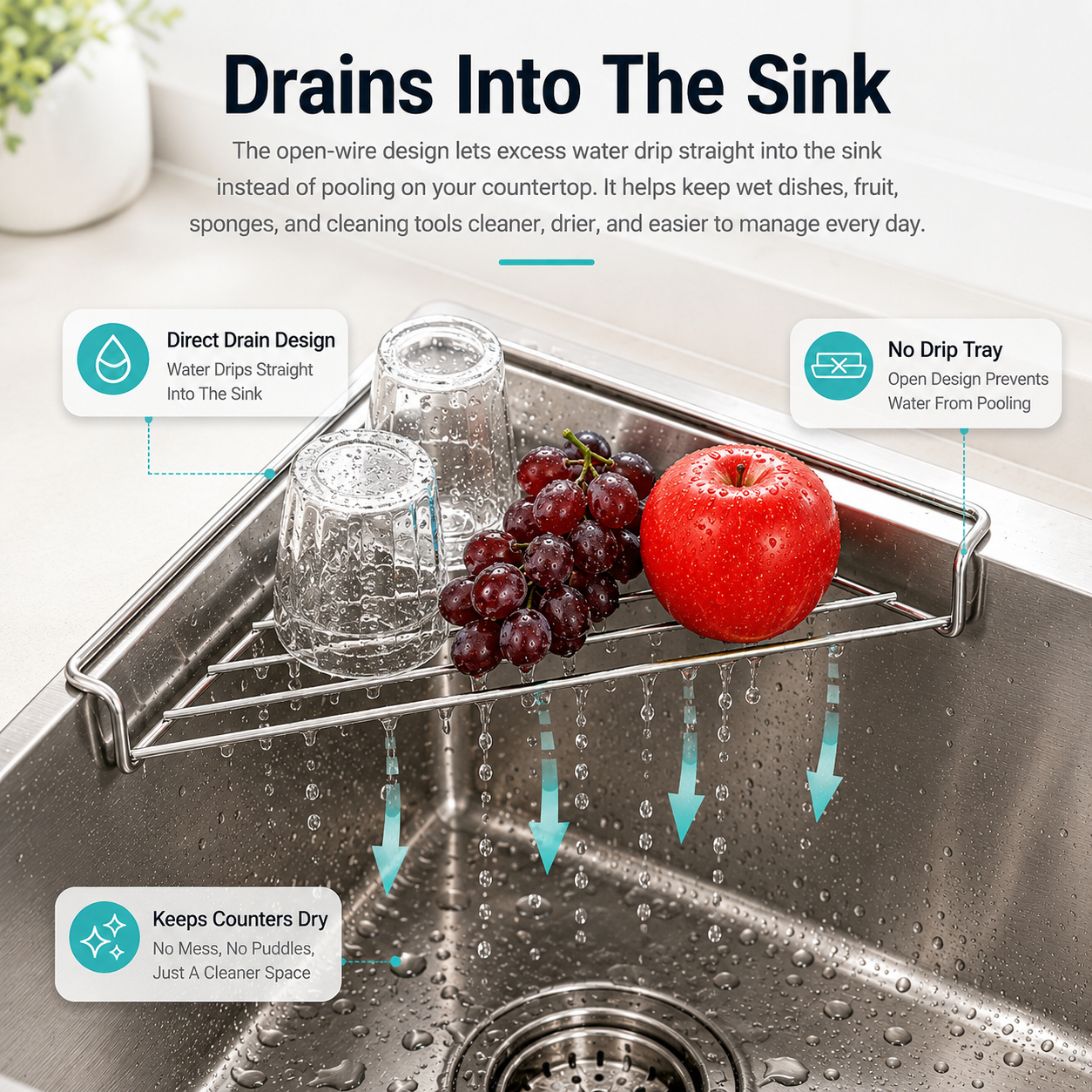 🧼 304 Stainless Steel Triangle Sink Corner Rack, Open Drainage Kitchen Sink Organizer for Sponge Dishcloth