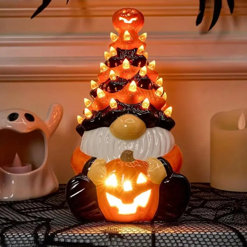 Halloween Light Up Ceramic Gnome Tree Figurine, Pre-Lit Spooky Gnome Holding Lantern Pumpkin, Vintage Style Tabletop Decor, Mantel, Office & Party 8.5 inch Tall for halloween Decoration Pumpkin Gnome Ceramic Tree Halloween Indoor Party Supplies Decoration