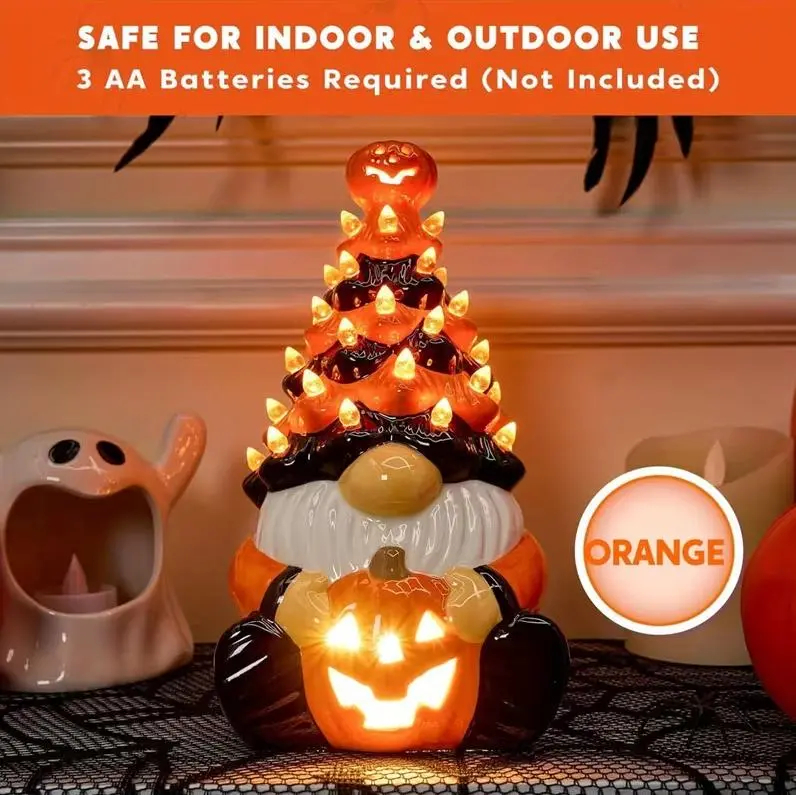 Halloween Light Up Ceramic Gnome Tree Figurine, Pre-Lit Spooky Gnome Holding Lantern Pumpkin, Vintage Style Tabletop Decor, Mantel, Office & Party 8.5 inch Tall for halloween Decoration Pumpkin Gnome Ceramic Tree Halloween Indoor Party Supplies Decoration