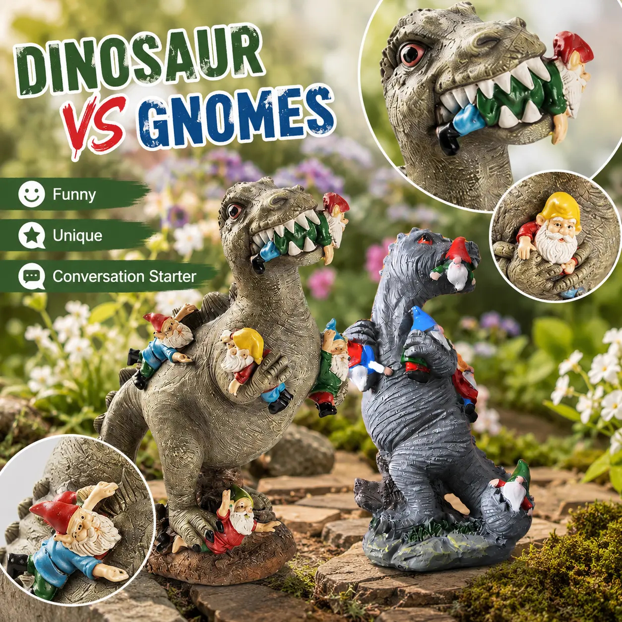 Dinosaur-themed garden decorations, creative cute gnome and dinosaur garden decor, resin craft, home garden decoration, garden gnome statues sports event souvenir