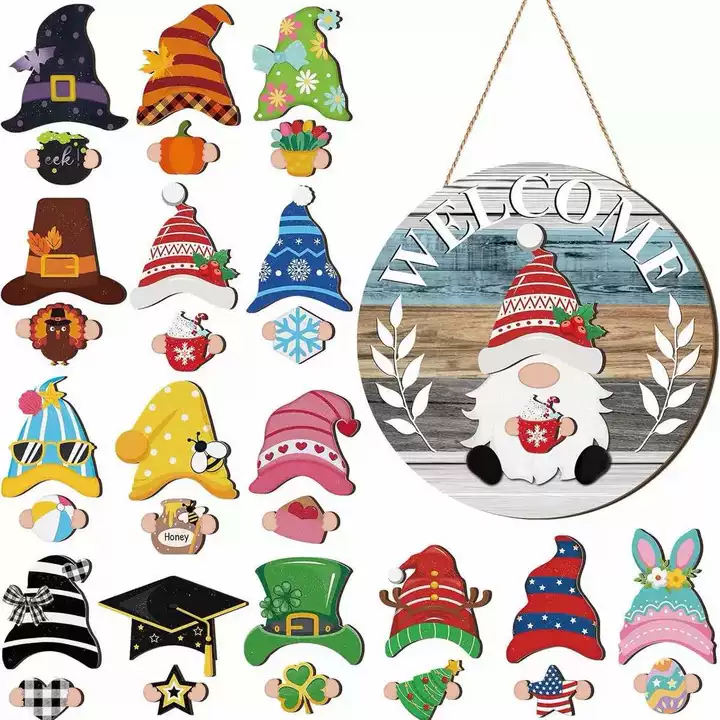 Gejoy Interchangeable Gnome Decor Halloween Welcome Sign Wooden Sign With Detachable Gnome Hats Magnet Wall Hanging For Home Graden Porch Halloween Christmas Thanksgiving Autumn Party, Season Gnomes Decor, Housewarming Gift, Door Wreath