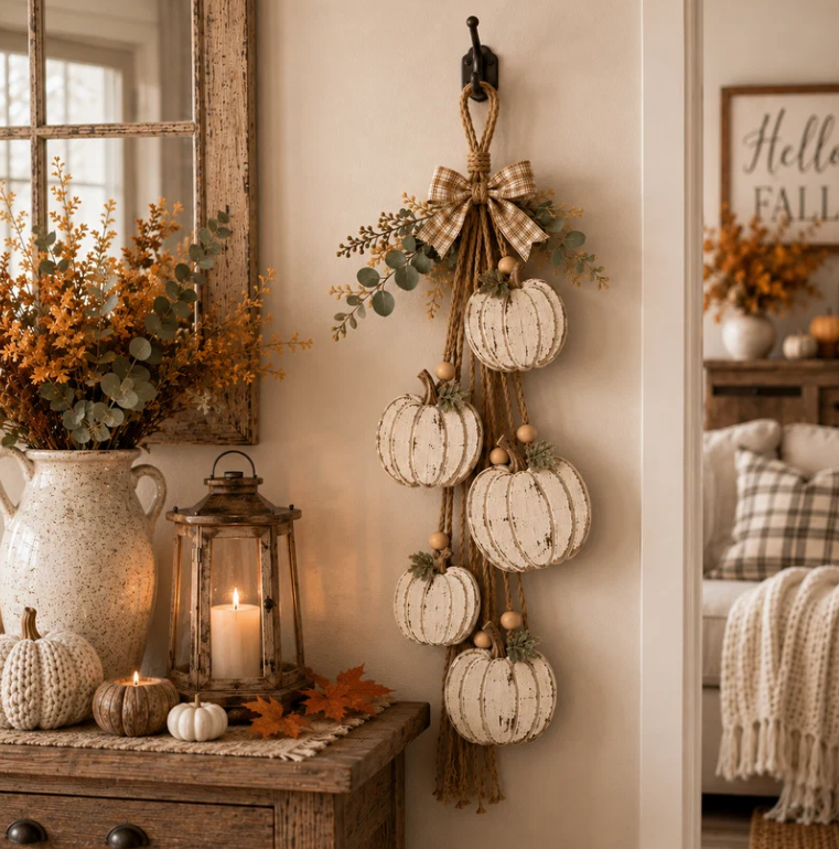 🔥BUY 2 SAVE 15% -🎃 Rustic White Pumpkin Hanging Swag – 5-Pumpkin Fall Door & Wall Decoration for Farmhouse Autumn Decor