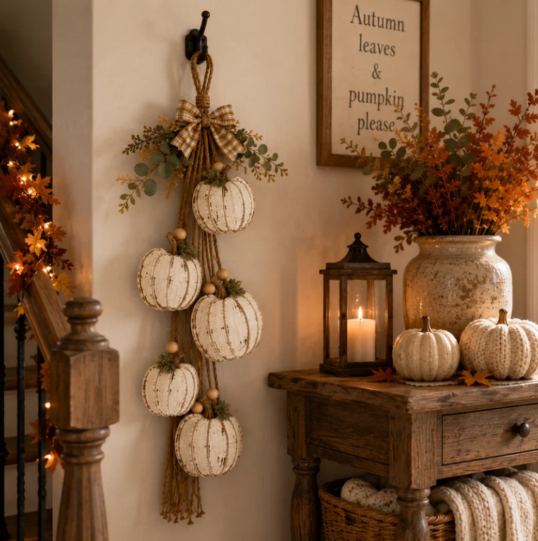 🔥BUY 2 SAVE 15% -🎃 Rustic White Pumpkin Hanging Swag – 5-Pumpkin Fall Door & Wall Decoration for Farmhouse Autumn Decor