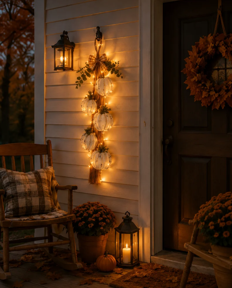 🔥BUY 2 SAVE 15% -🎃 Rustic White Pumpkin Hanging Swag – 5-Pumpkin Fall Door & Wall Decoration for Farmhouse Autumn Decor